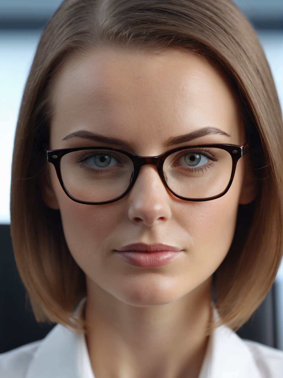 photo r3al, photorealistic, masterpiece, hyperdetailed photography of a beautiful woman, office, best quality, 8k UHD, 8k, ultra quality, ultra detailed, closed mouth, smirking, warm lighting, daylight, soft lighting, (closeup), looking_at_viewer, glasses, boss, 25 years old, smooth face, monitors in background, facing viewer,