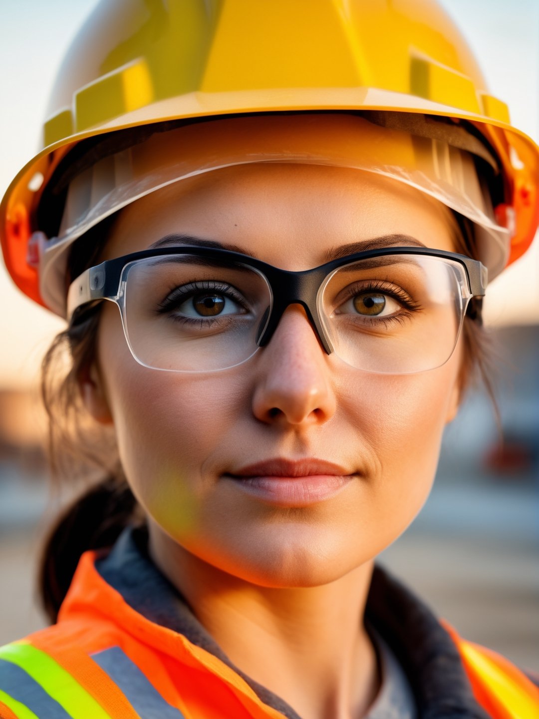 photo r3al, photorealistic, masterpiece, hyperdetailed photography, solo female, 30 years old, best quality, 8k, ultra quality, ultra detailed, closed mouth, warm lighting, soft lighting, (closeup), looking_at_viewer, facing viewer, front_view, contractor, construction site, safety glasses, construction helmet