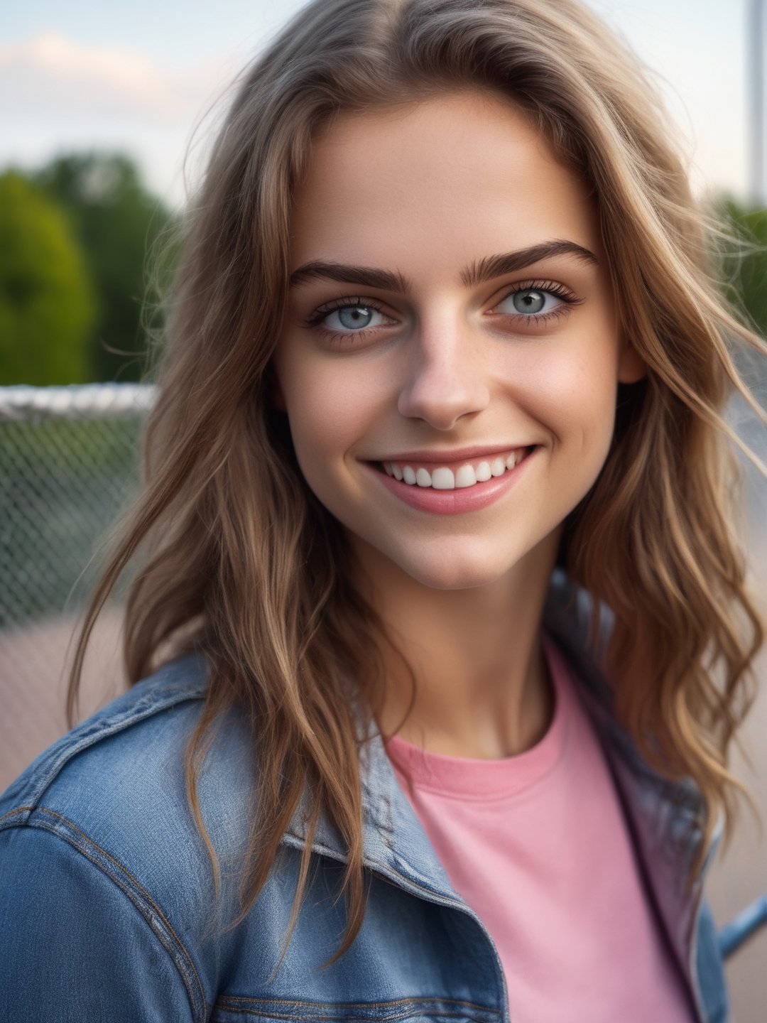 best quality, 8k, 8k UHD, ultra realistic, ultra detailed, hyperdetailed photography, real photo, realistic eyes, solo female, beautiful, detailed hair, jeans jacket, pink top, photo r3al, outdoors, wire mesh fencing, detailed face, playful, young, skate girl, smile, natural beauty, upper body, closeup, long hair, 