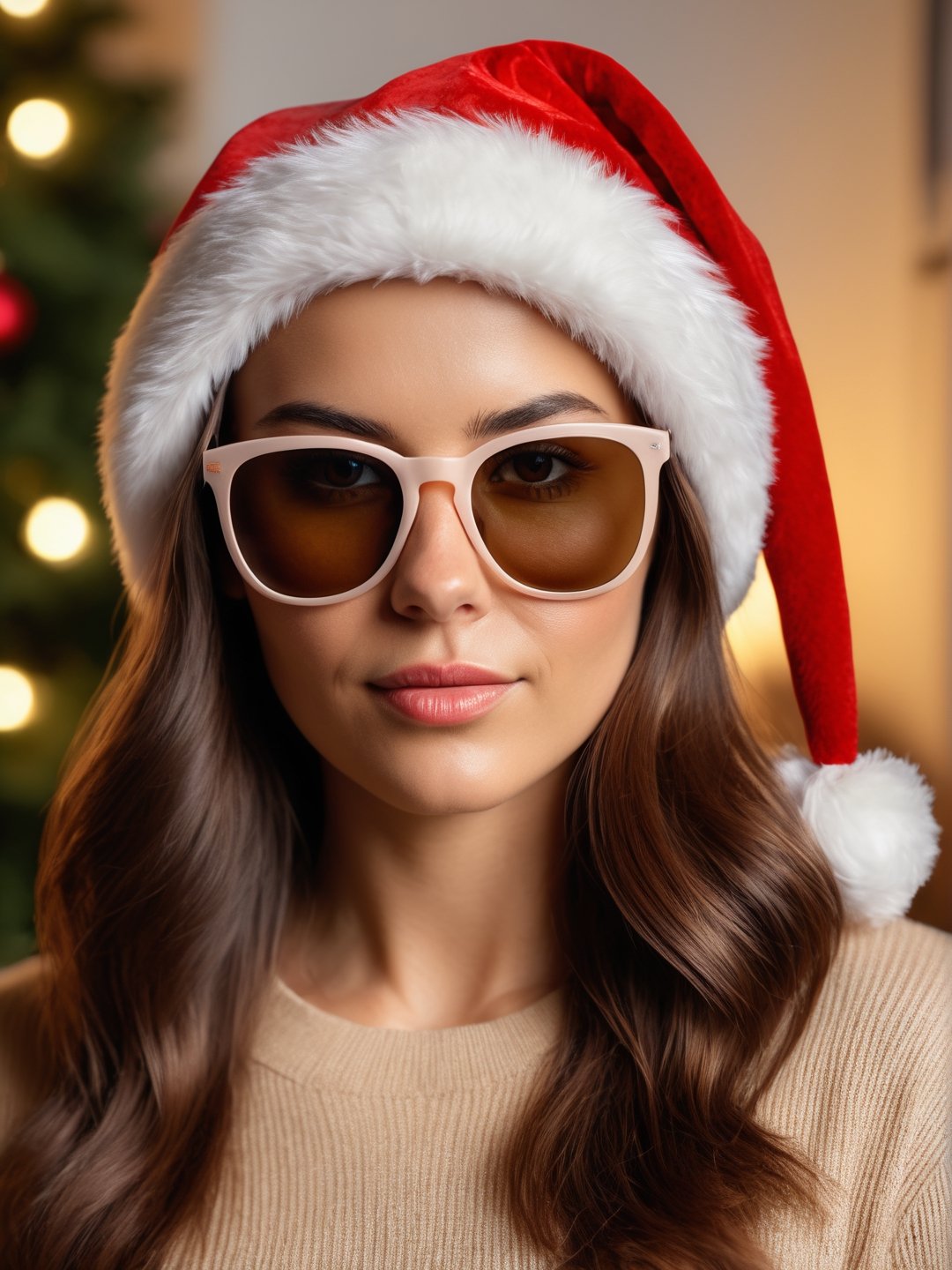 photo r3al, photorealistic, masterpiece, hyperdetailed photography, solo female, 30 years old, best quality, 8k, ultra quality, ultra detailed, (((closed mouth))), warm lighting, soft lighting, (closeup), looking_at_viewer, facing viewer, front_view, at home, sunglasses, santa hat