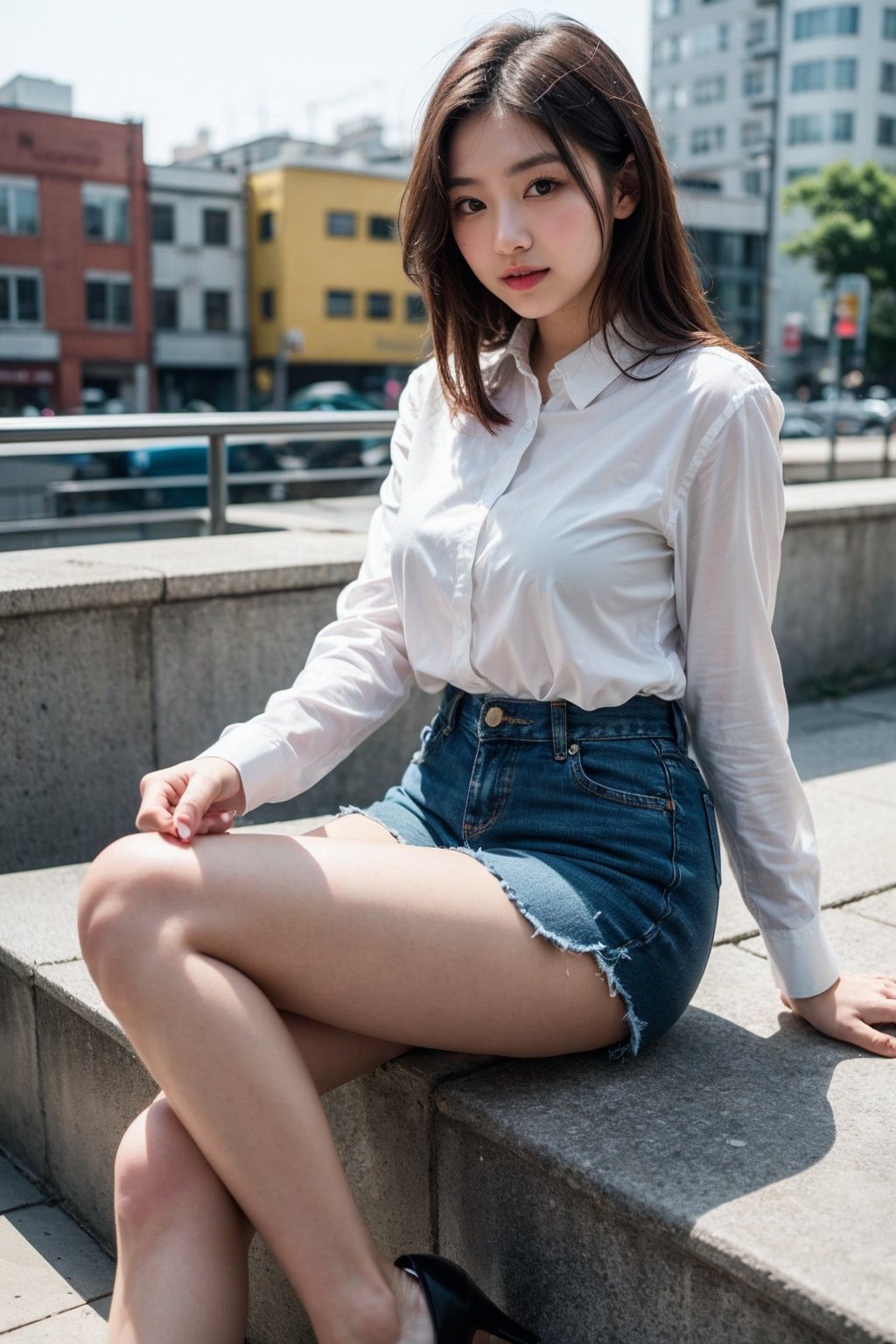 A close-up shot of a stunning 20-year-old Japanese girl posing confidently in front of a colorful urban backdrop. Her flawless face is illuminated by soft natural light, accentuating her striking features. She wears a trendy shirt and short pants combo, paired with high-fashion pumps and statement heels that elongate her legs. The framing captures the subtle smile playing on her lips, inviting the viewer to step into her world of effortless cool.