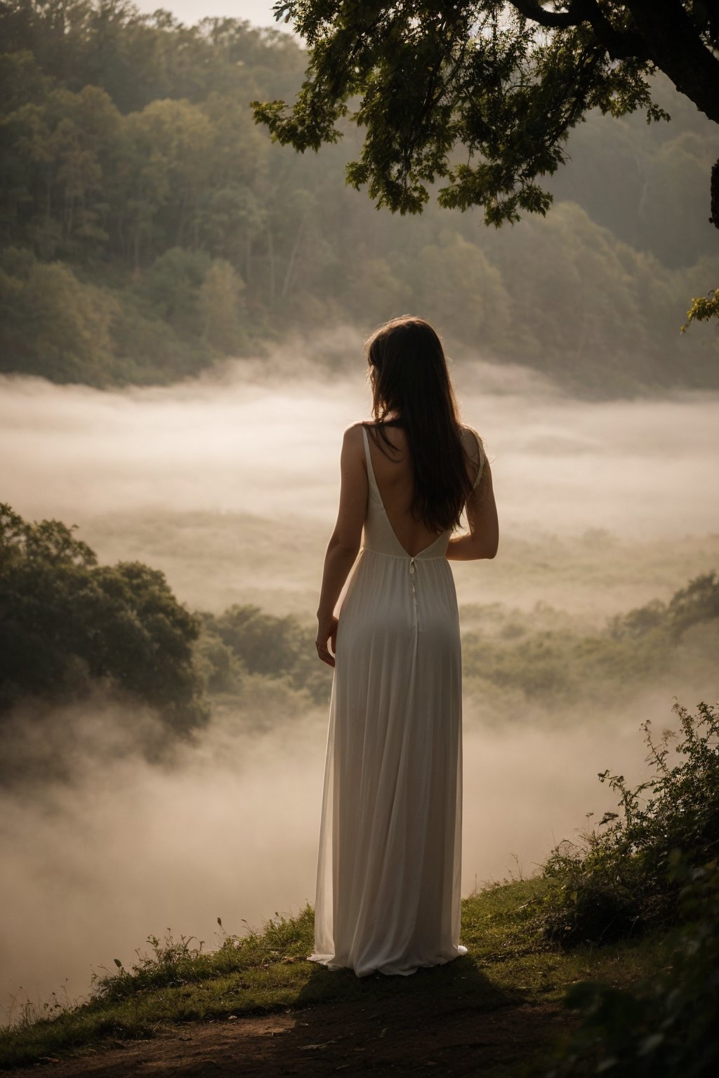 A solitary figure, a woman, stands at the edge of a misty forest, her back to the camera. The soft morning light casts a warm glow on her long hair and the curves of her silhouette. She wears a flowing white dress that blends with the fog, as if one with nature. Her pose exudes quiet contemplation.