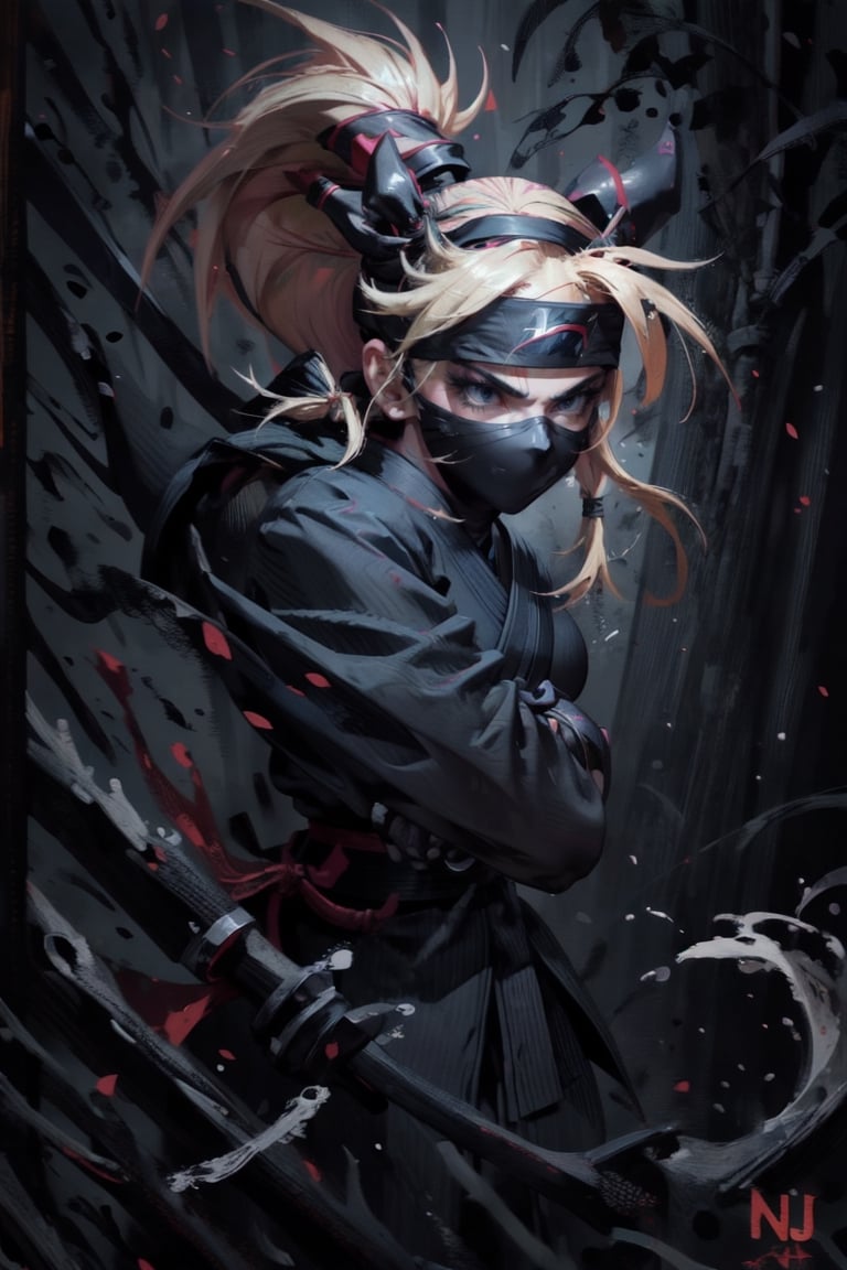 1girl, (Ninja:1.4), [[detailed]], full HD, HDR_soft, open field, 9k, blonde_hair, custom_detailed_clothing-(Ninja),star butterfly,BJ_Oil_painting, +Dark theme ninja_Dragon+