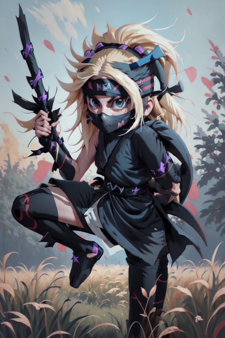 1girl, (Ninja:1.6), [[detailed]], full HD, HDR_soft, open field, 9k, blonde_hair, custom_detailed_clothing-(Ninja),star butterfly,BJ_Oil_painting