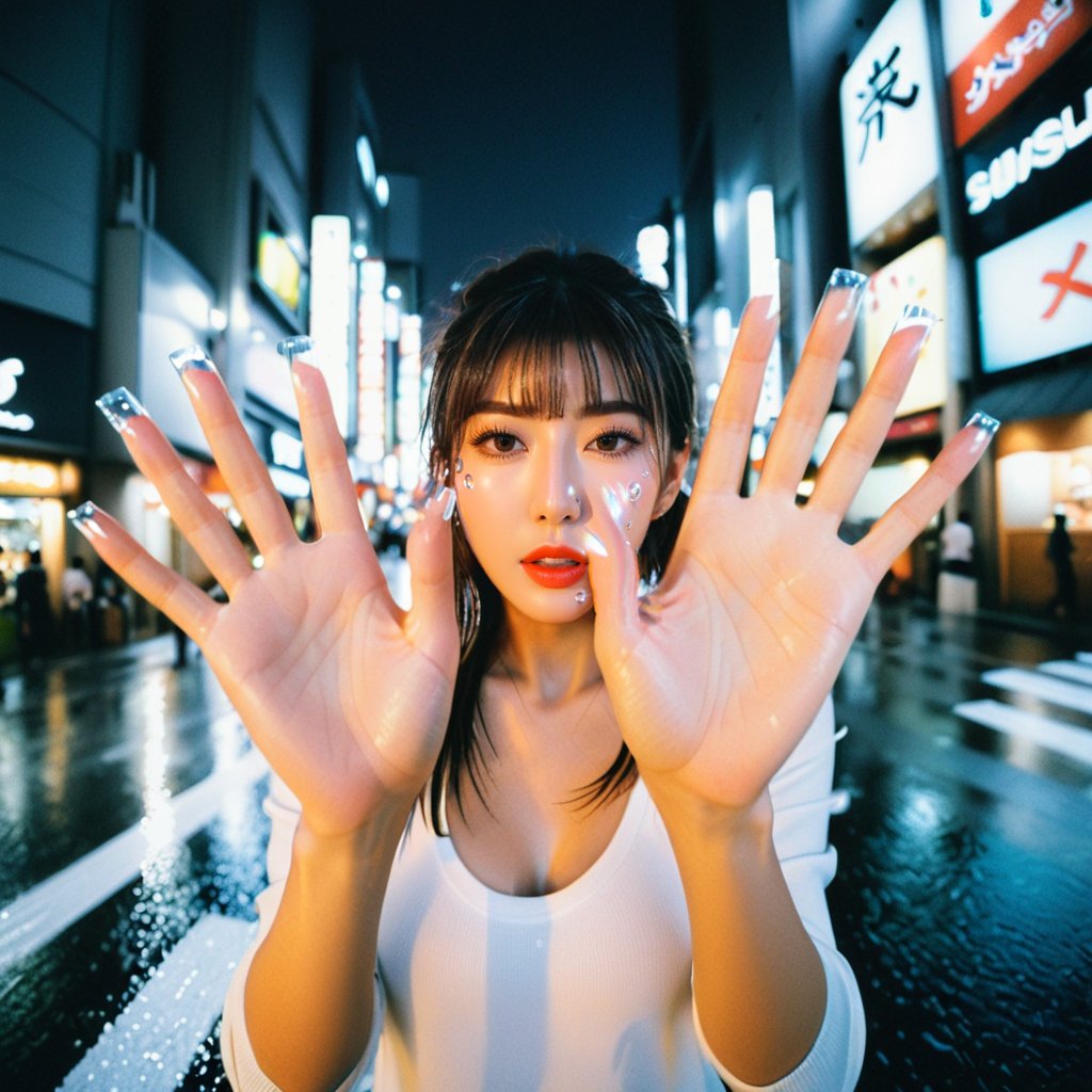 Realistic 8K resolution photography of in Osaka at night, heavy rain hit on street, a girl with exquisitely face, wearing fashionable sport outfits, displaying exaggerated posture and movement.
break, 
1 girl, Exquisitely perfect symmetric very gorgeous face, Exquisite delicate crystal clear skin, Detailed beautiful delicate eyes, perfect slim body shape, slender and beautiful fingers, nice hands, perfect hands, illuminated by film grain, realistic skin, dramatic lighting, soft lighting, exaggerated perspective of ((Wide-angle lens depth)),