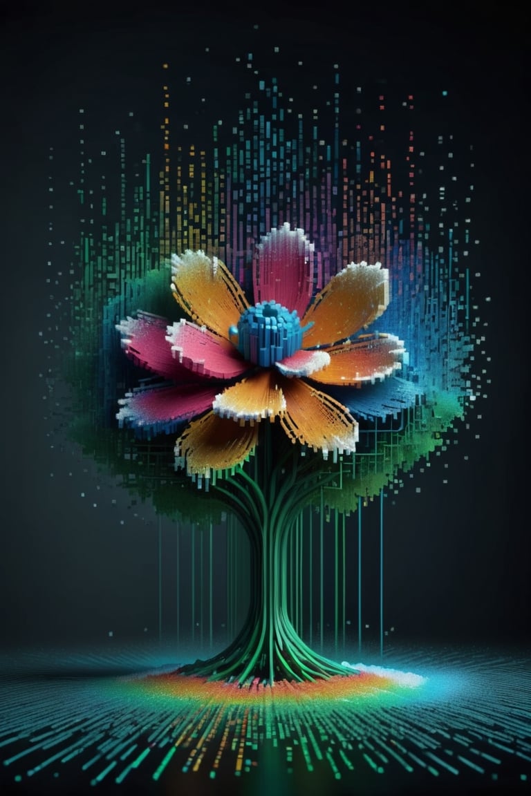 colorful wireframe pixel blossom with falling petals dissolving into pixels,pixel snow, cinematic, volumetric dramatic lighting, 
Winter, the realm of eternal ice,
intricate,Matrix code,3D Mesh