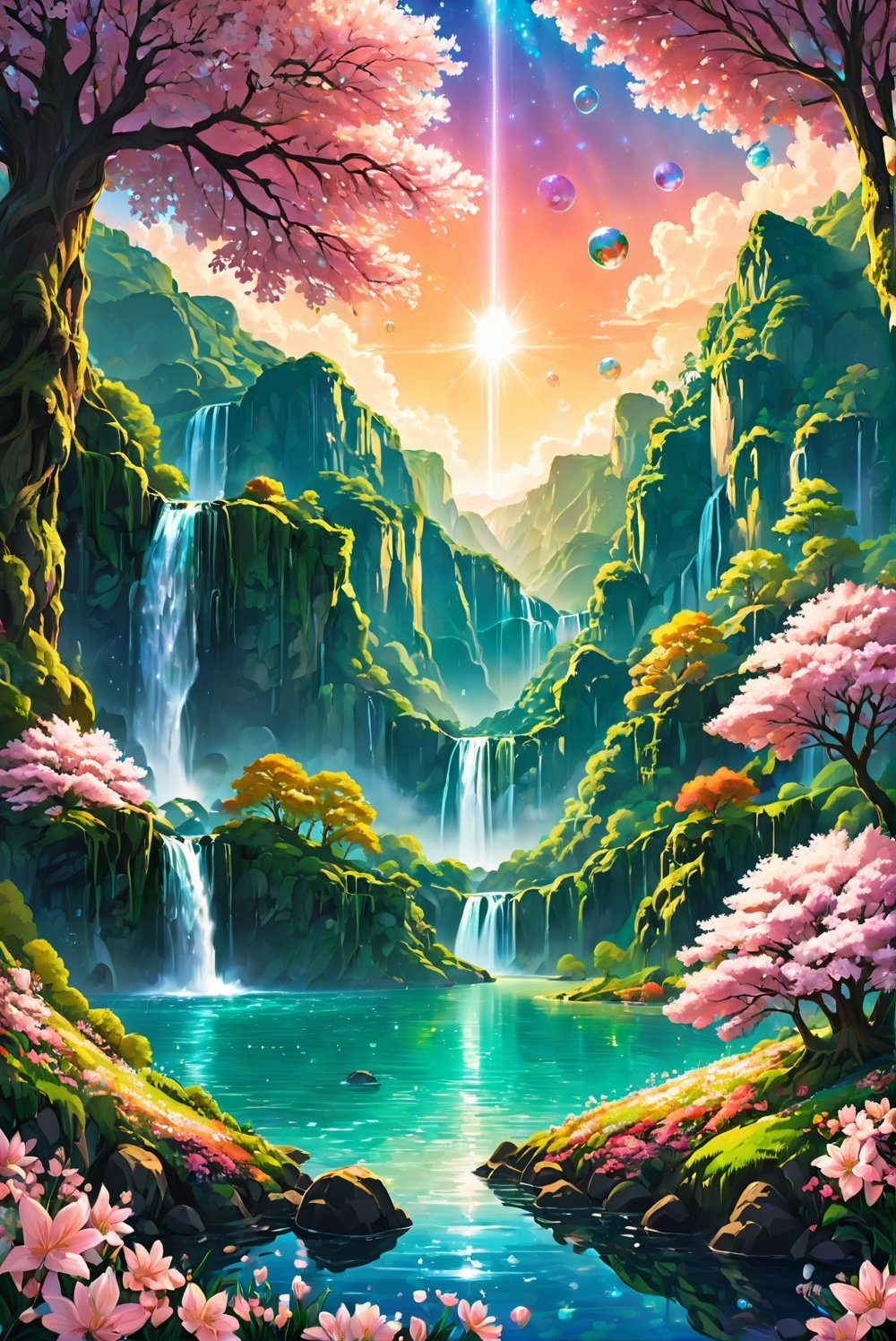An overwhelmingly beautiful magical landscape unfolds in this vector art image, ((sakura trees only)), (petals falling), Rolling hills of emerald green cascade down towards a crystal-clear lake, its surface dotted with vibrant flowers and cascading waterfalls. In the distance lies an enchanting valley filled not with water but with luminous orbs that emit a soft, ethereal glow. A serene lake nestled at the, High quality photography, 3 point lighting, flash with softbox, 4k, Canon EOS R3, hdr, smooth, sharp focus, high resolution, award winning photo, 80mm, f2.8, bokeh