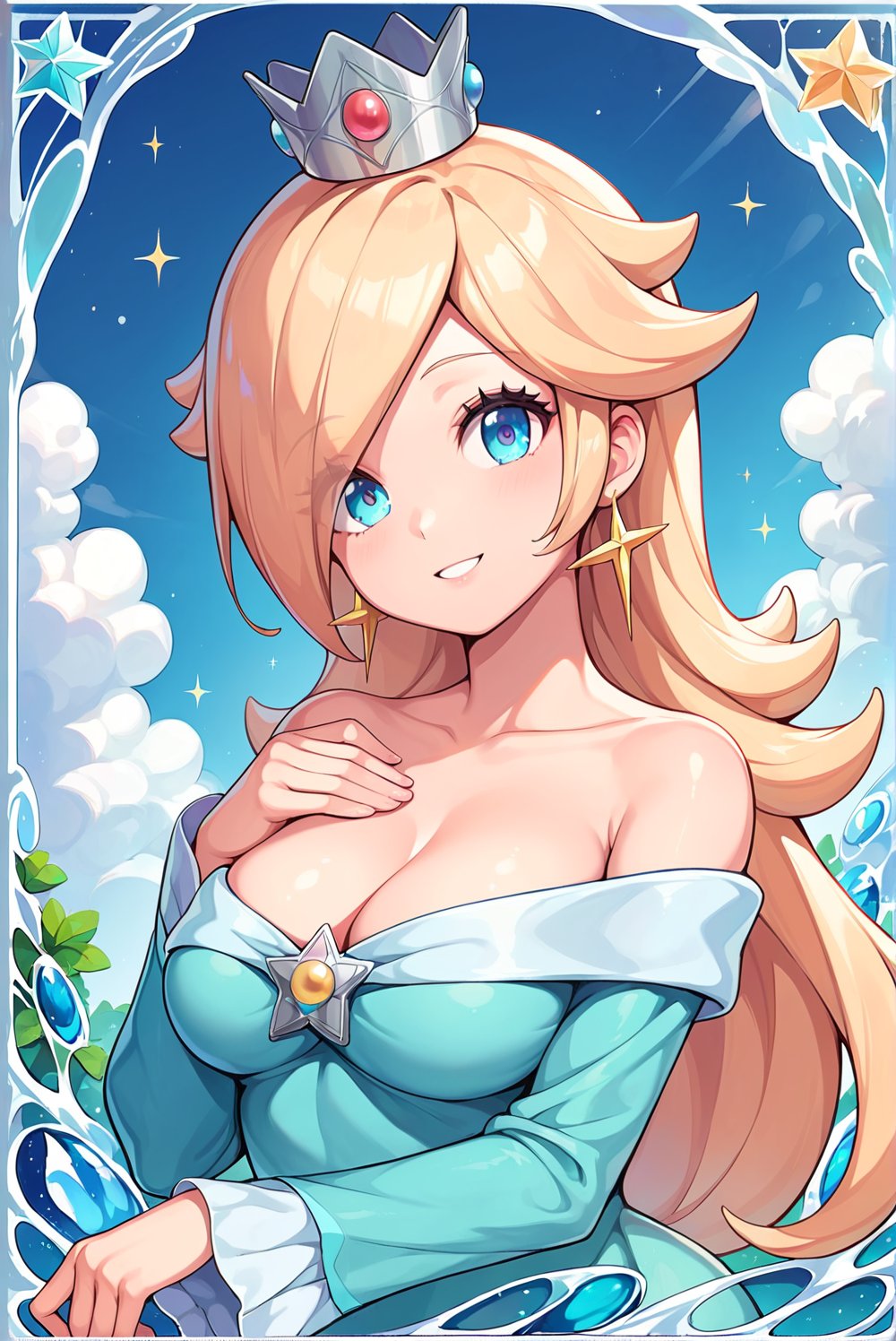 score_9_up, score_8_up, score_7_up, source_anime, 1girl, beautiful detailed eyes, ((masterpiece,best quality)), absurdres, solo, princess rosalina, short hair, silver crown, , blue eyes, long sleeves, smile, curvy, head tilt