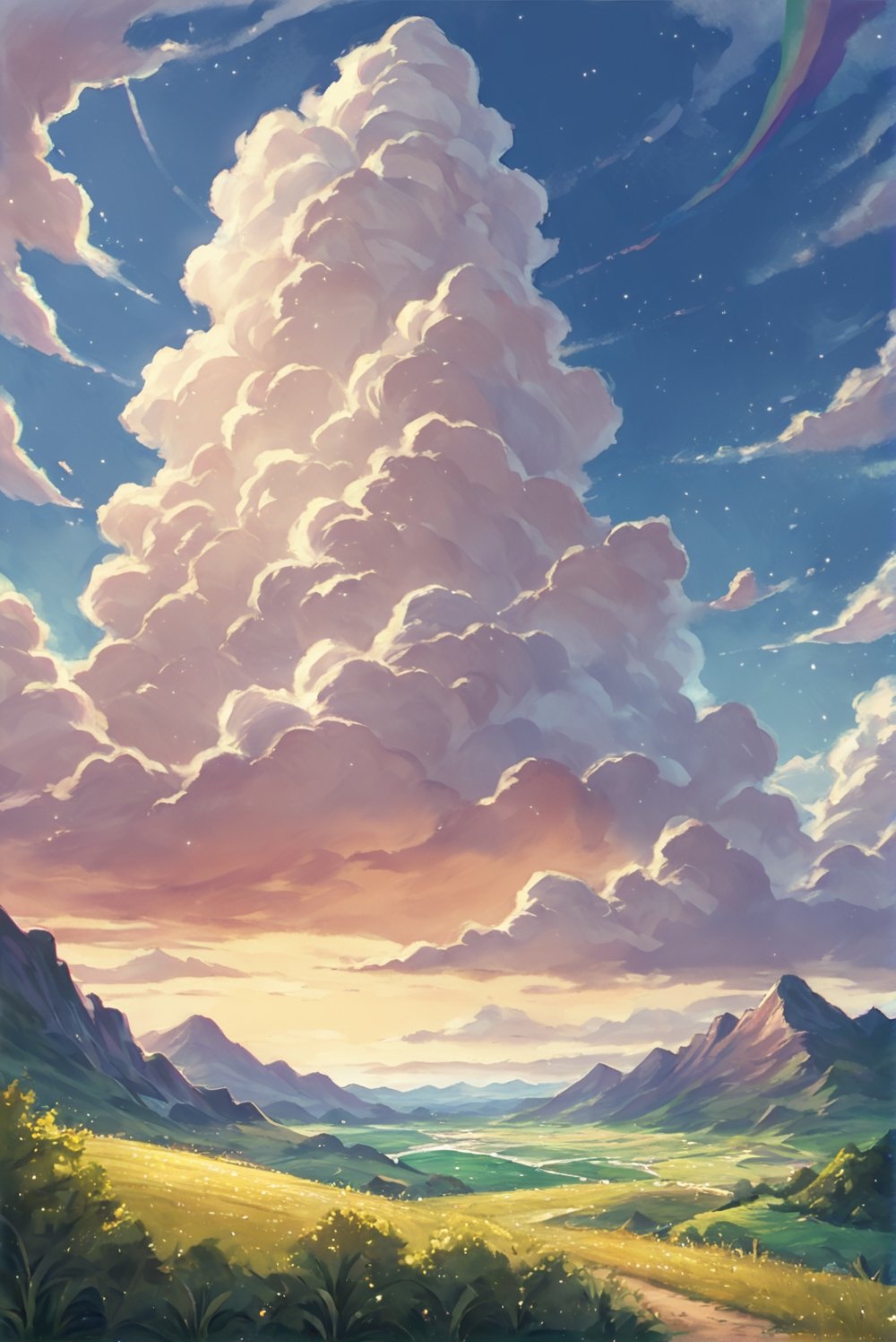 score_9_up, score_8_up, score_7_up, source_anime, illustration, watercolor, outdoors, cloud, sky, meadow, rainbow, day, detailed_background, 