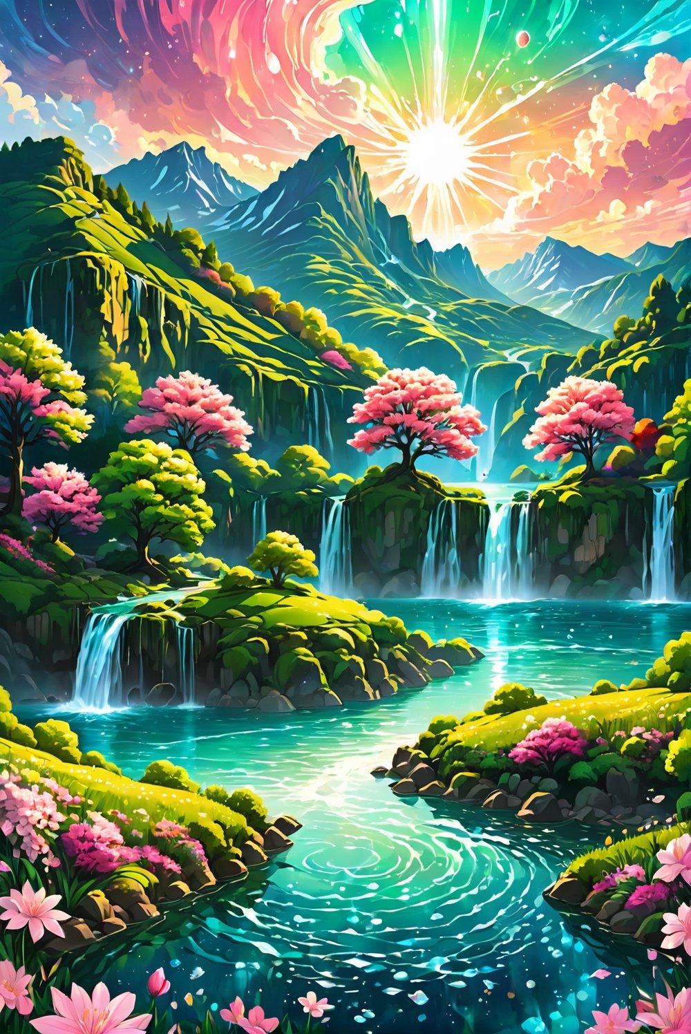 An overwhelmingly beautiful magical landscape unfolds in this vector art image, (sakura trees), petals falling, Rolling hills of emerald green cascade down towards a crystal-clear lake, its surface dotted with vibrant flowers and cascading waterfalls. In the distance lies an enchanting valley filled not with water but with luminous orbs that emit a soft, ethereal glow. A serene lake nestled at the, High quality photography, 3 point lighting, flash with softbox, 4k, Canon EOS R3, hdr, smooth, sharp focus, high resolution, award winning photo, 80mm, f2.8, bokeh