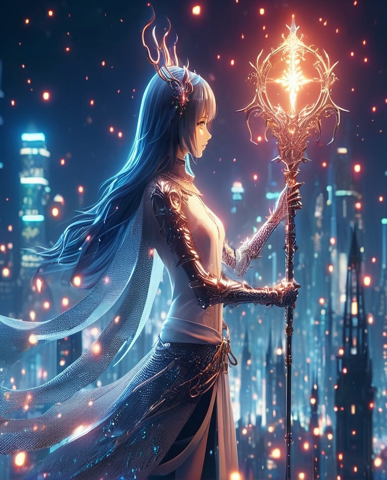 3d blender, realistic,minimalism,woman, darksoul game seri, medieval  Scepter,, knight, stable diffusion,cyberpunk, cityskyline, lighting, intricately detailed,Electric spark, Flying embers, fireflies, cinematic, 12k, water effect, white blue oragen red, cinematic, fantastic background, ghost blade art style,fantastic,digital art,high detail,high detail skin,real skin,8k, highresolution, high quality, line code with glowing ancient king characters