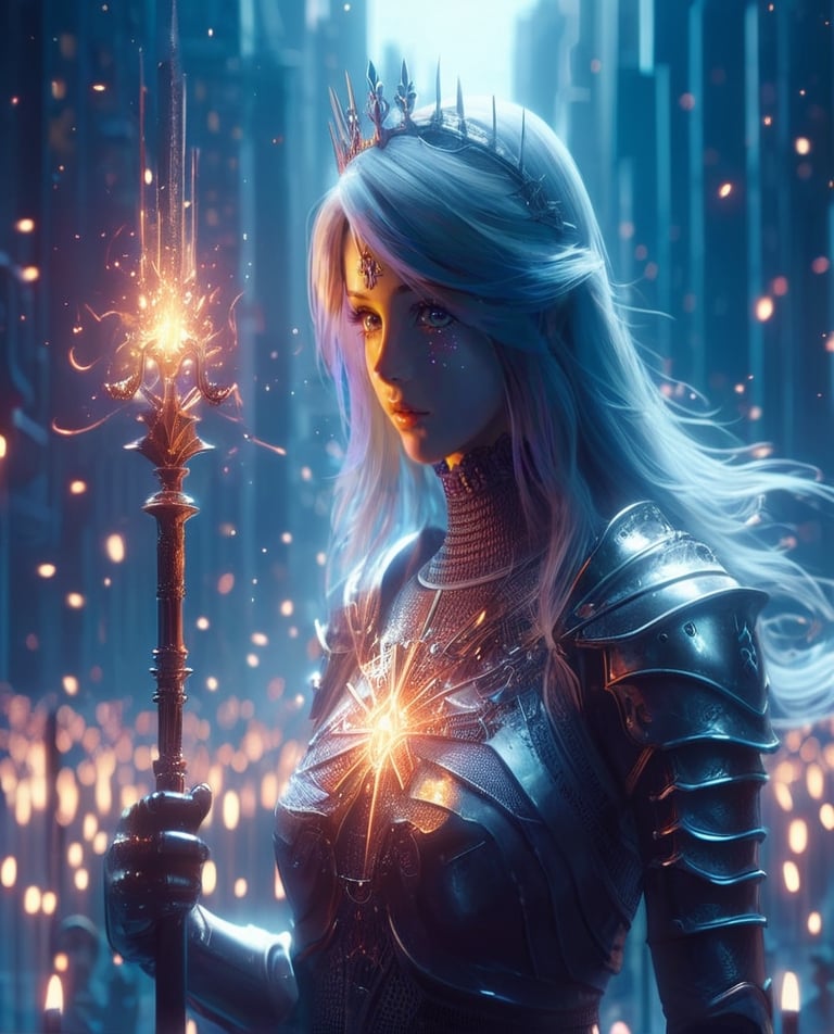 3d blender, realistic,minimalism,woman, darksoul game seri, medieval  Scepter,, knight, stable diffusion,cyberpunk, cityskyline, lighting, intricately detailed,Electric spark, Flying embers, fireflies, cinematic, 12k, water effect, white blue oragen red, cinematic, fantastic background, ghost blade art style,fantastic,digital art,high detail,high detail skin,real skin,8k, highresolution, high quality, line code with glowing ancient king characters