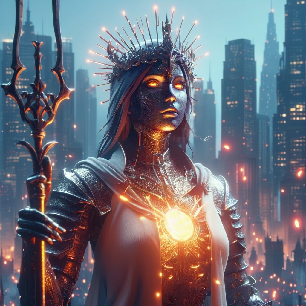 3d blender, realistic,minimalism,woman, darksoul game seri, medieval  Scepter,, knight, stable diffusion,cyberpunk, cityskyline, lighting, intricately detailed,Electric spark, Flying embers, fireflies, cinematic, 12k, water effect, white blue oragen red, cinematic, fantastic background, ghost blade art style,fantastic,digital art,high detail,high detail skin,real skin,8k, highresolution, high quality, line code with glowing ancient king characters