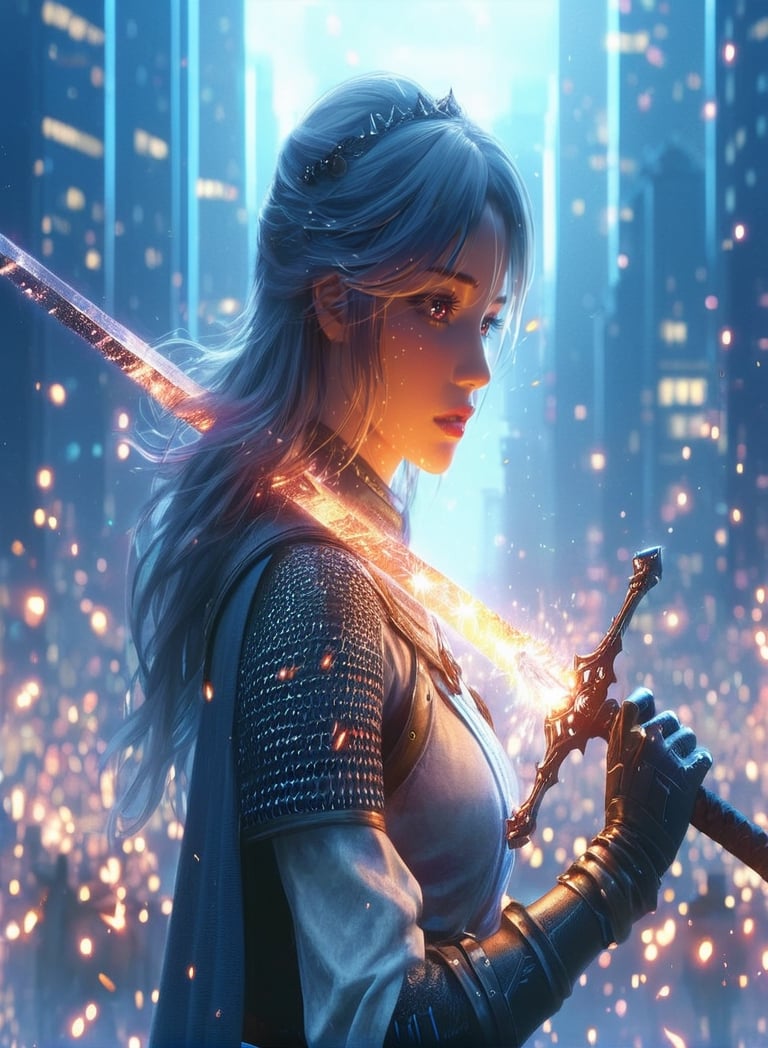 3d blender, realistic,minimalism,woman, darksoul game seri, medieval sword, knight, stable diffusion,cyberpunk, cityskyline, lighting, intricately detailed,Electric spark, Flying embers, fireflies, cinematic, 12k, water effect, white blue oragen red, cinematic, fantastic background, ghost blade art style,fantastic,digital art,high detail,high detail skin,real skin,8k, highresolution, high quality, line code with glowing ancient king characters