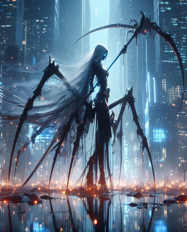 3d blender, 3d graphics unreal 5, final fantasy, realistic,minimalism,woman, knight darksoul ,long scythe spider legs, stable diffusion,cyberpunk, raw photo, army, cityskyline, lighting, intricately detailed,Electric spark, Flying embers, fireflies, cinematic, water effect, white blue oragen red, cinematic, fantastic background, ghost blade art style,fantastic,digital art,high detail,high detail skin,real skin,8k, high resolution, high quality, (-Negative: blur)