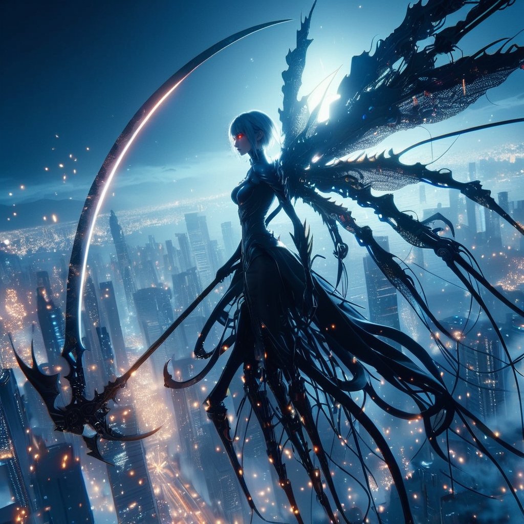 3d blender, 3d graphics unreal 5, final fantasy, realistic,minimalism,woman, knight darksoul ,long scythe spider legs,  wings from the blade,cyberpunk, raw photo, army, cityskyline, lighting, intricately detailed,Electric spark, Flying embers, fireflies, cinematic, water effect, white blue oragen red, cinematic, fantastic background, ghost blade art style,fantastic,digital art,high detail,high detail skin,real skin,8k, high resolution, high quality