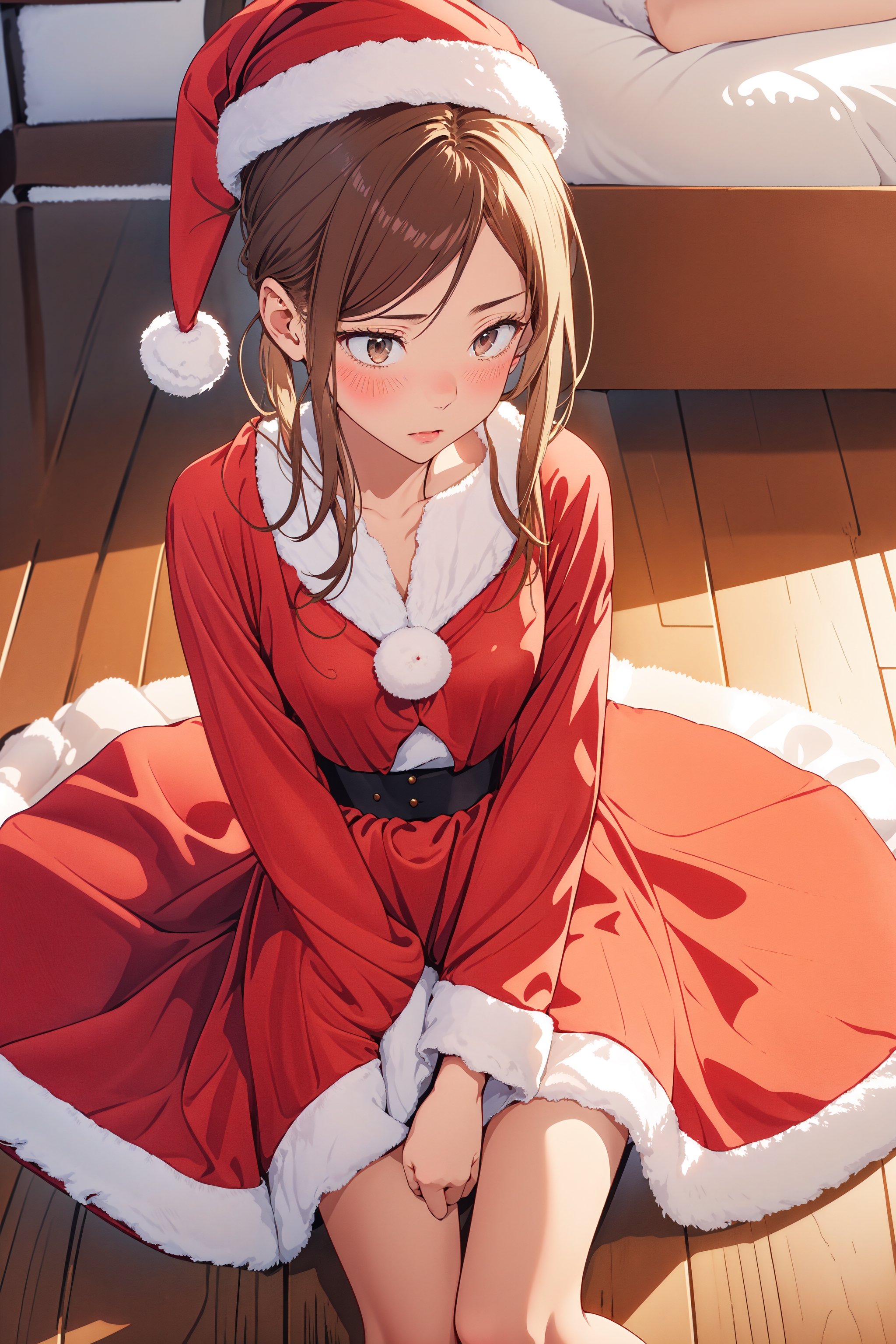 1 girl, alone, look away, shy, blushing, nervous, double pigtails, ((red dress with and a white Santa hat)), sit,kugisaki nobara