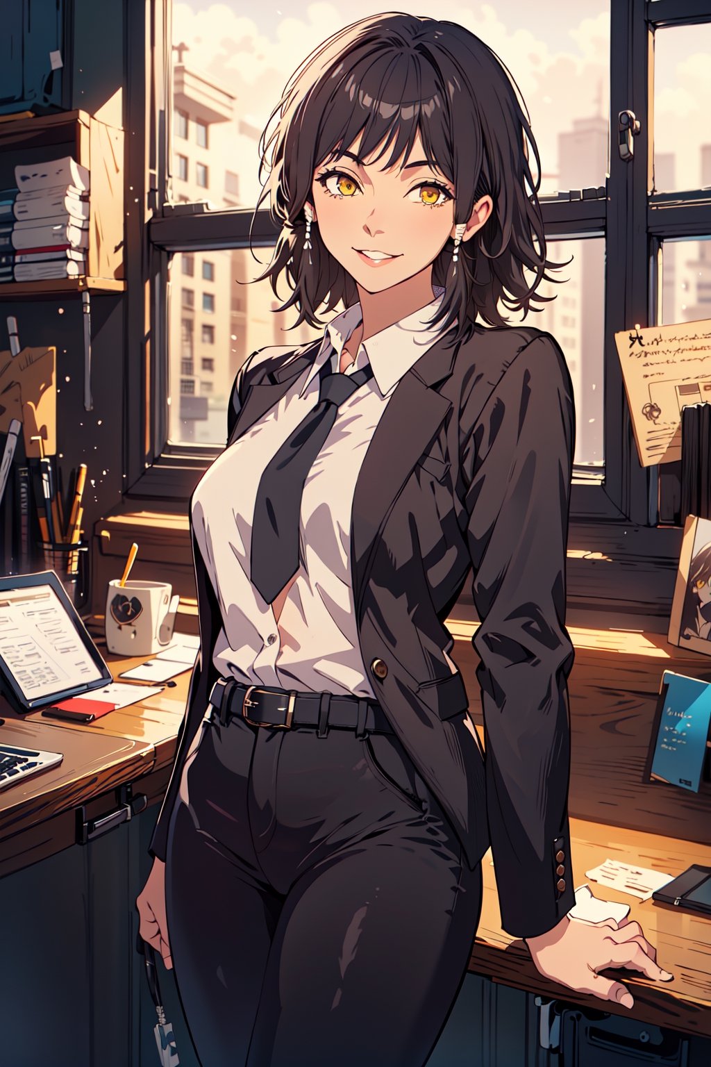 (best quality), (highly detailed), masterpiece, (official art), mifune, black hair, short hair, ((hair tubes)), lips, smile, yellow eyes ,ringed eyes, necktie,  black jacket,(black suit), long sleeves, shirt tucked in,looking at viewer, shirt, black necktie, white shirt, medium breasts,window, formal, office lady,pants, black pants, belt, business suit, suit,  (intricately detailed, hyperdetailed), blurry background,depth of field, best quality, masterpiece, intricate details, tonemapping, sharp focus, hyper detailed, trending on Artstation,1 girl, solo,high res,official art,