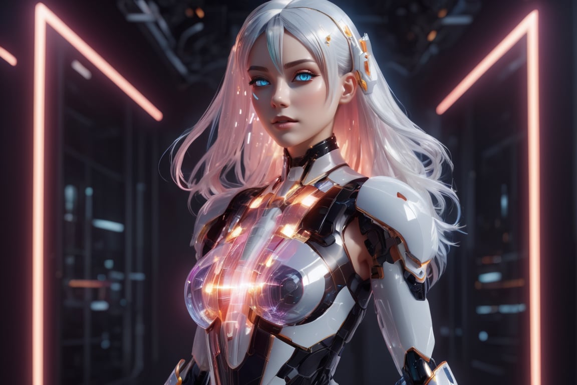 android, cyborg style,3d style, squared-fire glass,
sexy girl, (glass uniform:1.5), (fullbody:1.9), front side, subsurface scattering, volumetric light, transparent, translucent skin, glow, bloom, (panorama),
wide shot, (wide angle:1.6), offcenter, (negative space:1.9), (very wide shot), (white hair:0.5), (full body)