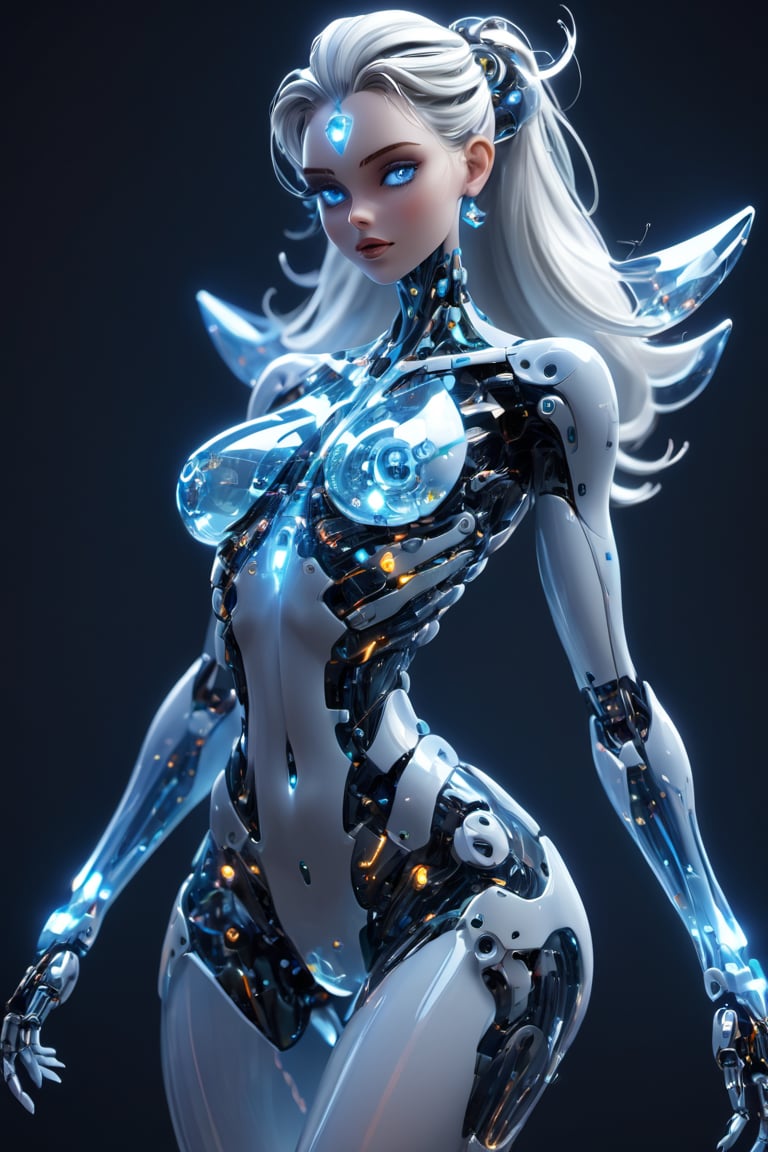 small squared-fire glass, sexy mecha girl, glass uniform, front facing, fullbody, front side, subsurface scattering, volumetric light, transparent, translucent skin, glow, bloom,3d style,cyborg style,Movie Still,3d, (full_body:1.4), high heels, wide_shot, curvy_figure, on_one_foot, big_breasts,