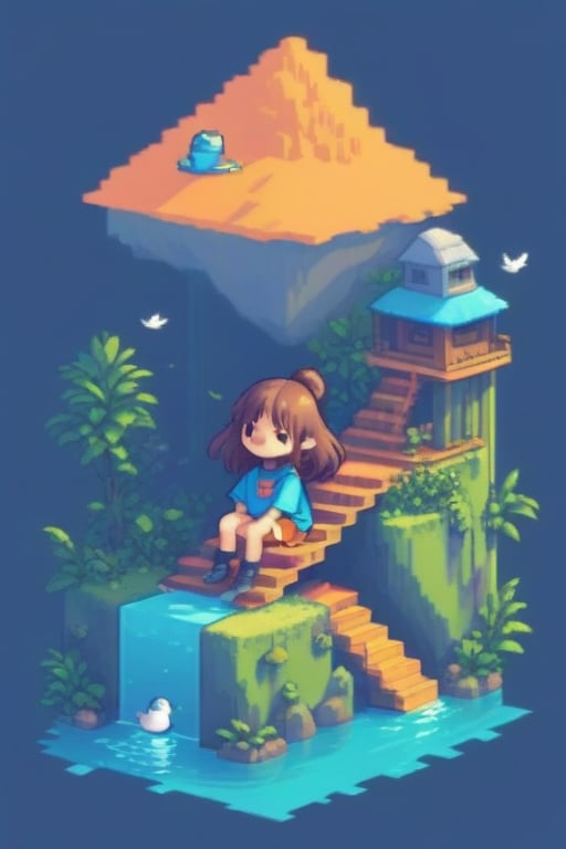 pixel art, 1girl, bird, solo, long hair, stairs, bag, plant, sitting,lofi,tshirt design,iso island,cute comic