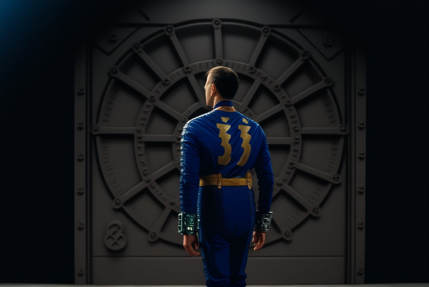 score_9,score_8_up, score_7_up, score_6_up, score_5_up, score_4_up,hyper realism, photo realistic, 8k, digital slr, falloutcinematic, 1boy, solo, male focus, black hair, from behind, vault dweller jumpsuit, boots, wearing pip-boy, "33" vault dweller jumpsuit, , 1boy, realistic, standing in front of closed vault door that reads "31", ,<lora:659095807385103906:1.0>