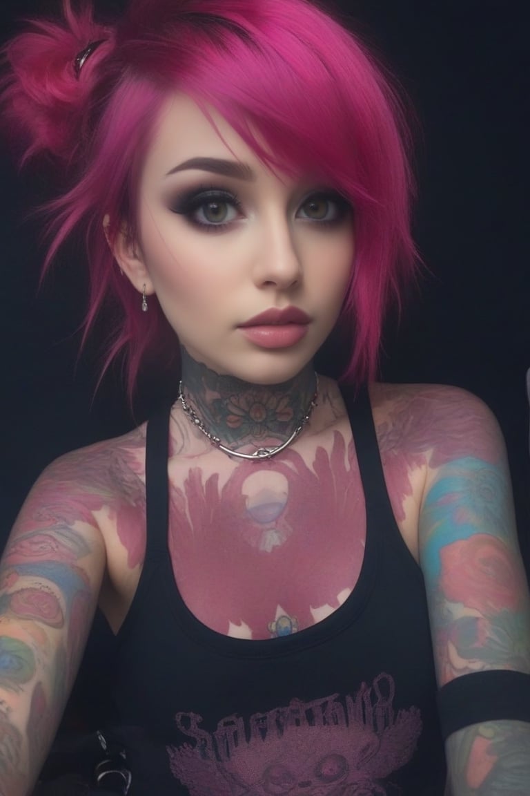 1girl, pink-emo, piercings, septum_ring, tattoos