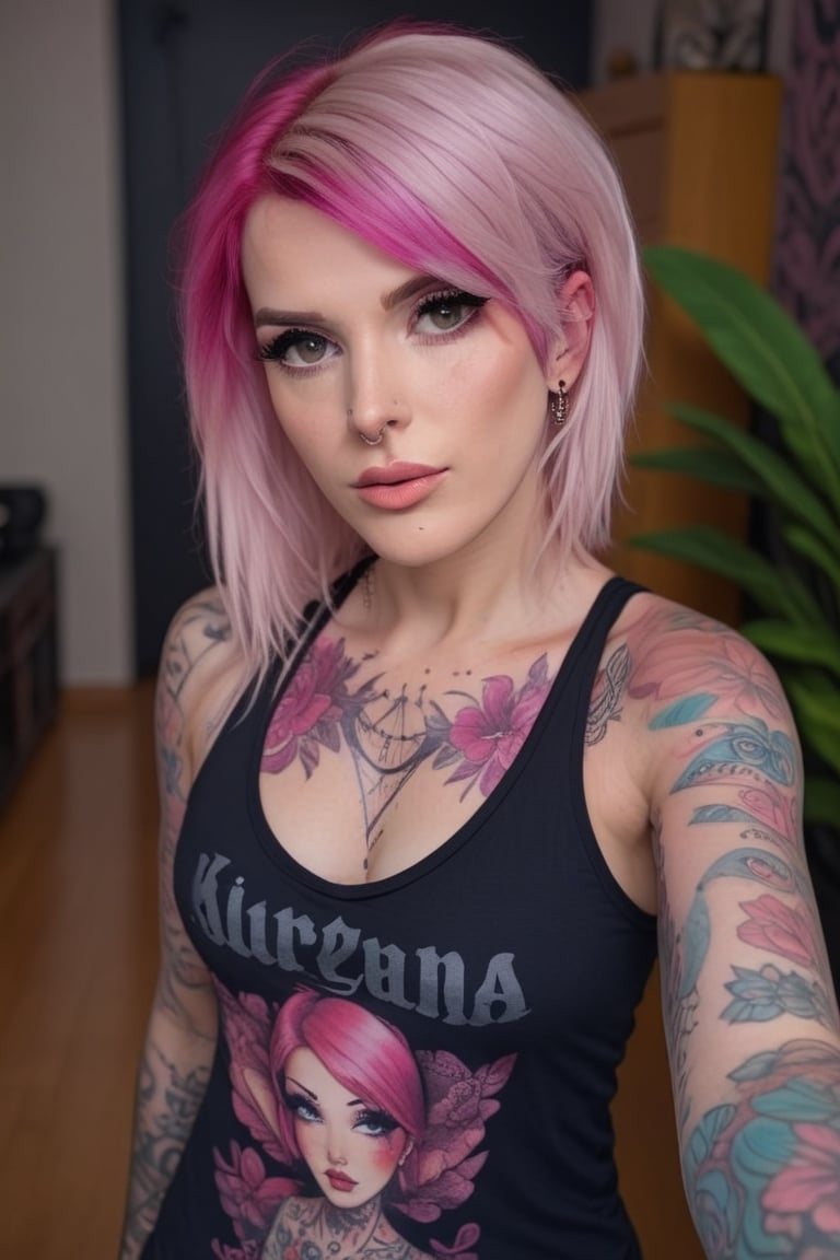 pink haired woman, selfie arms, floral pattern tattoos, heavily tattooed, indoors, looking at viewer, black tank top reading "NIRVANA", cleavage, ,<lora:659095807385103906:1.0>