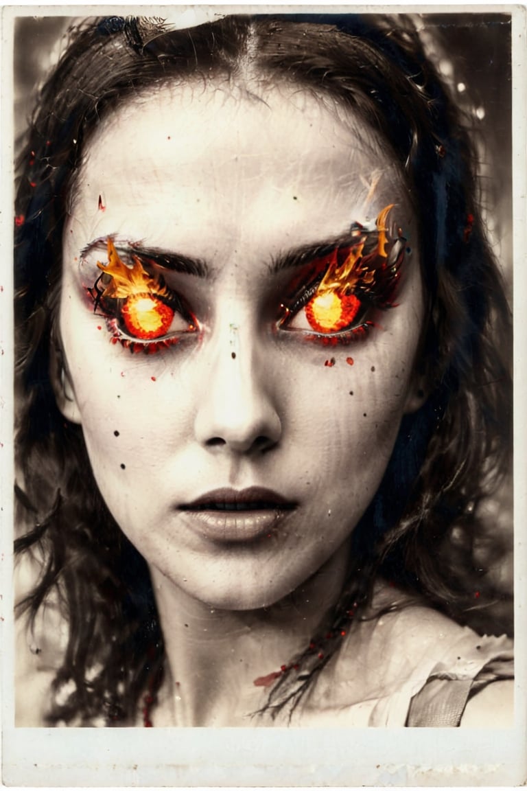 a real photo postcard of a, woman, burningeyes, fire reflected in eyes, spot color, red lips, 