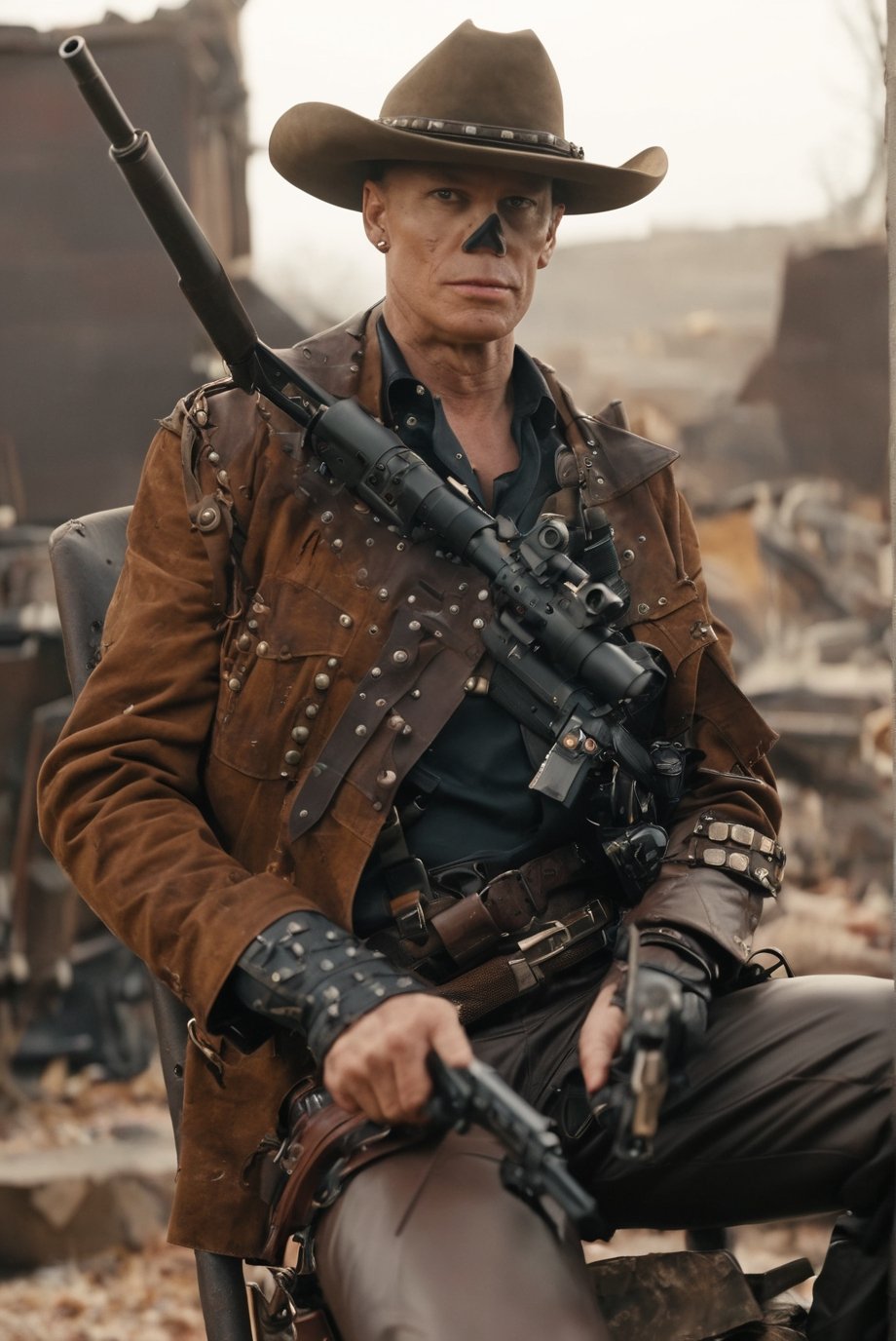 falloutcinematic, solo, 1boy, rotten ghoul, undead, cowboy hat, amputated arm, ammo shoulder strap, jacket, brown pants, seated in leather chair, holding weapon, pointing weapon at viewer, rifle, bokeh, rubble, outdoors, , solo, realistic, muzzle flash, 