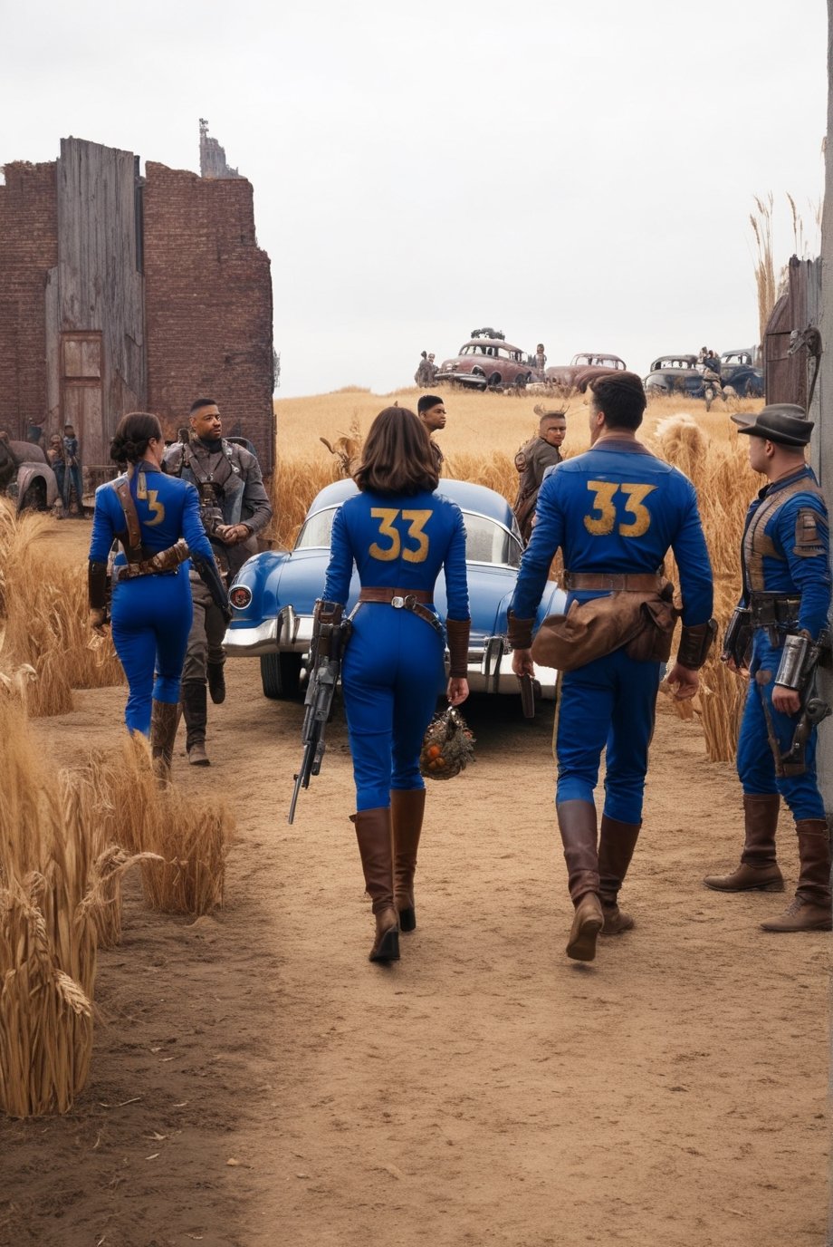falloutcinematic, Lucy Maclean, vault dweller jumpsuit, wearing pip-boy, holding severed head, from behind, flanked by two New California republic militia, post apocalypse, city wall made from classic cars and wood, retro futurism, cornfield, walking, 2 guardsmen hold door, far shot, outdoors, in Wasteland city wall exterior, , multiple boys, realistic