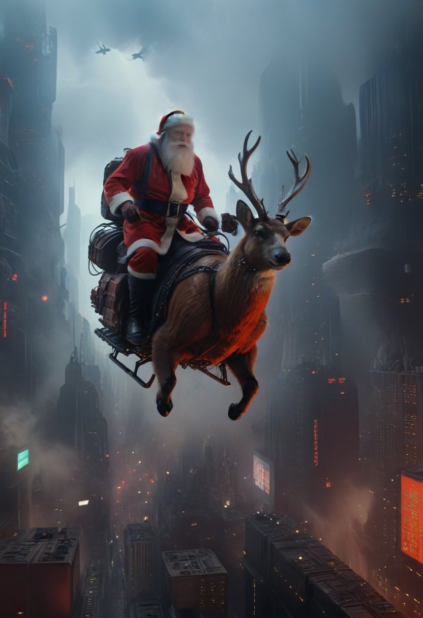 santa claus rides his sleigh through the air in the far future, sci fi, blade runner, metal raindeer, against a dark blare runner future cityscape, multiple billboards, flying cars, from above, high buildings, fog below, insane details, hyperrealistic, highly detailed, 8k, trending on artstation, shot lit and composed by Tim Walker, shot on a RED digital camera, Sigma 85mm f/1.4,,<lora:659095807385103906:1.0>,<lora:659095807385103906:1.0>