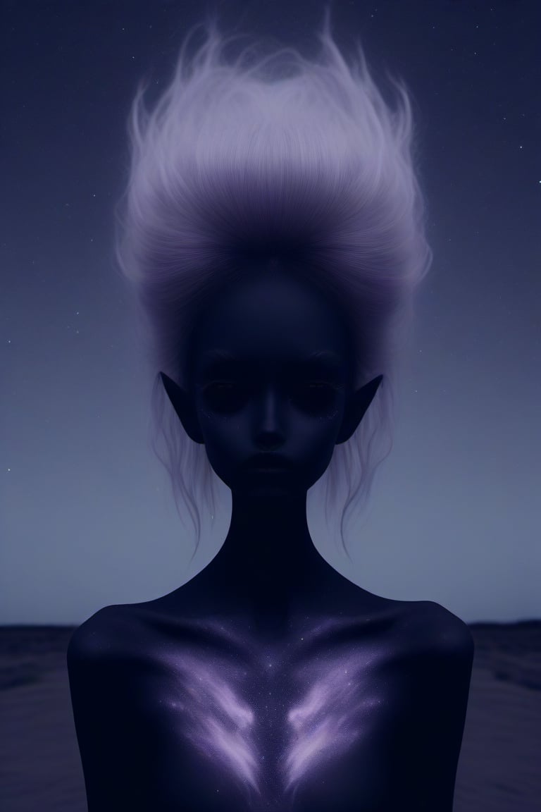 hair ,  a dark demon girl  , (pitch black eyes, cosmic black:1), , bright bleach white tips  hair , well lit , very skinny,    cosmic pattern on skin , ,<lora:659095807385103906:1.0>