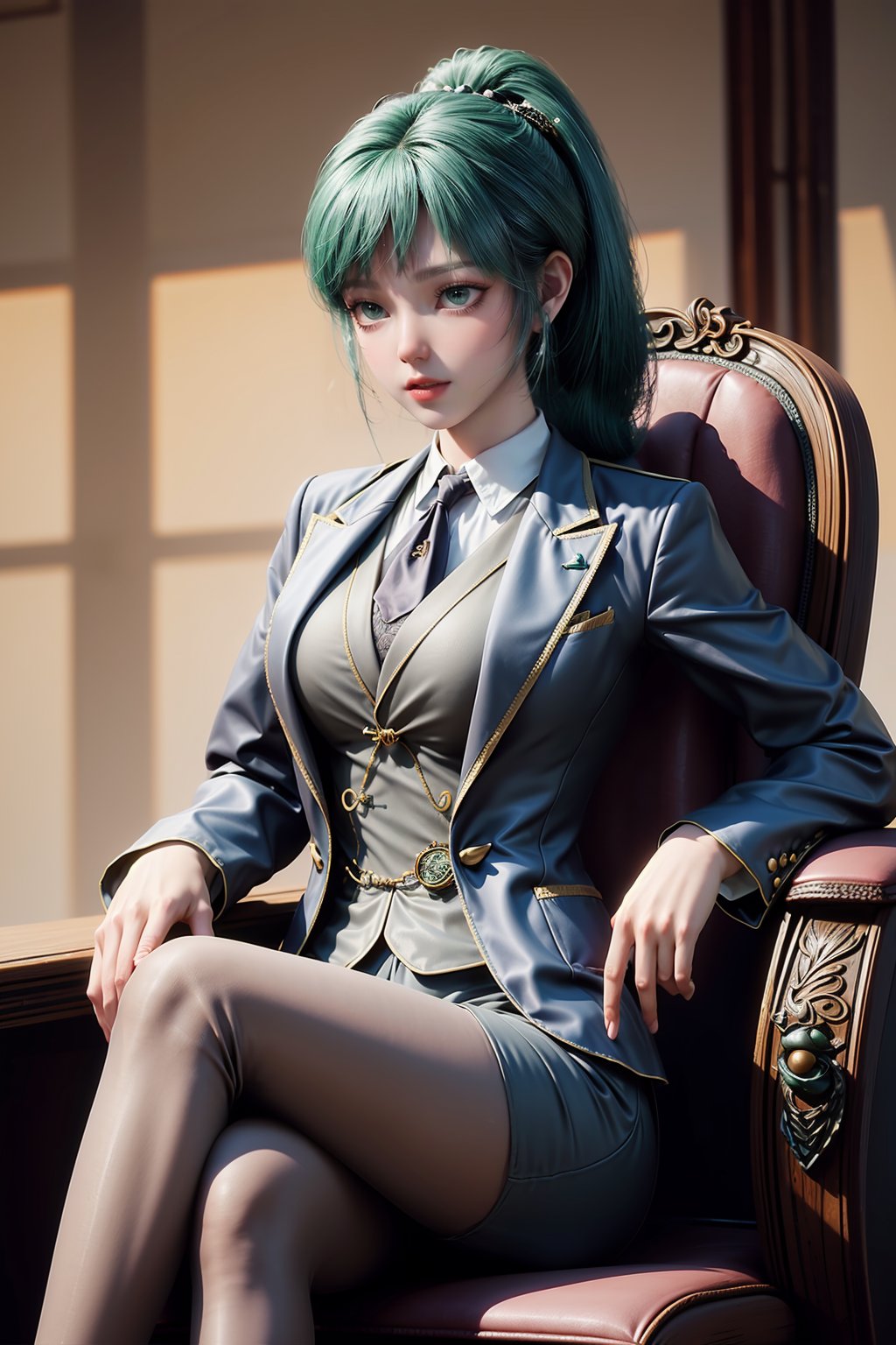 (masterpiece, best quality:1.2), cowboy shot, solo, 1girl, weissvale, looking at viewer, hand on hip, ponytail, scar on eye, sitting on throne, crossed legs,  skirt suit, (((three-piece suit))), necktie, blazer, (((suit jacket))), (((waistcoat))), double-breasted waistcoat, bodycon miniskirt, pencil skirt, tie clip, pocket square, pocket watch, pantyhose, high heels, earrings