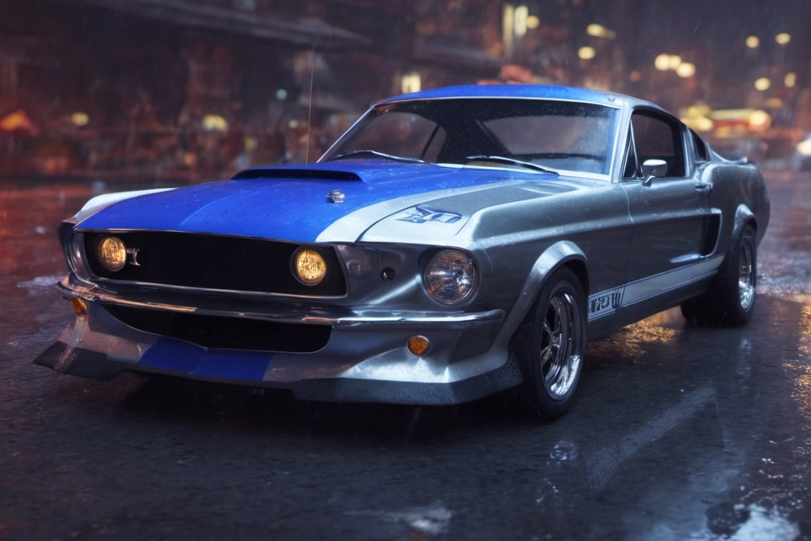 Ford mustang gt500 1968, high_resolution, high detail, hyper car, silver and blue colour realistic, realism, reflection, detailed and intricate background, rain,at night,neon light strip on car edge,mecha,neon photography style,avatar cute,Origami 