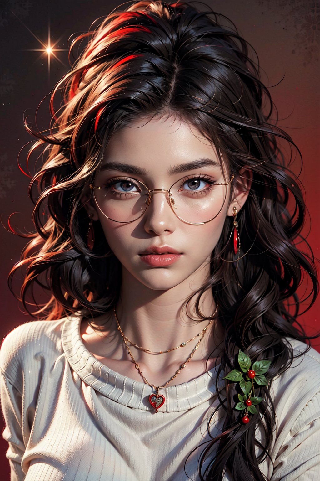 1girl, solo, long hair,oil painting, impasto, looking at viewer, black hair, jewelry,sweater,red eyes,close,earrings, lips,brown skin, necklace,hunter eyes,sharp eyes,glitter,shiny,flirty gaze,lips,red background,circlet,(red glasses,red contrast),masterpiece,beautyniji,nijistyle,niji