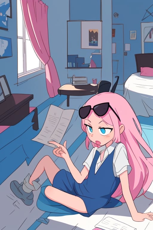 girl, blue and pink hair, shades, blue eye, beautiful room, afternoon, flat shirt