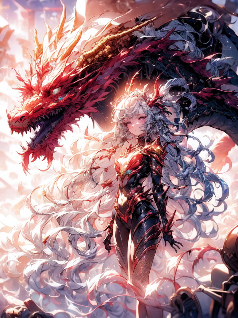 high resolution, image of a beautiful girl wearing a futuristic mechanical suit accompanied by a mechanical style dragon, futuristic ruined city in the background, sunset light in the distance, The general atmosphere is mildly sad but peaceful, transparent bodystocking, mecha, full_body, detailed anatomy, detailed face, extra detailed long multicolored hair, detailed grey eyes, 1 girl, imponent aura, perfecteyes,1 girl,fate/stay background,DragonCute