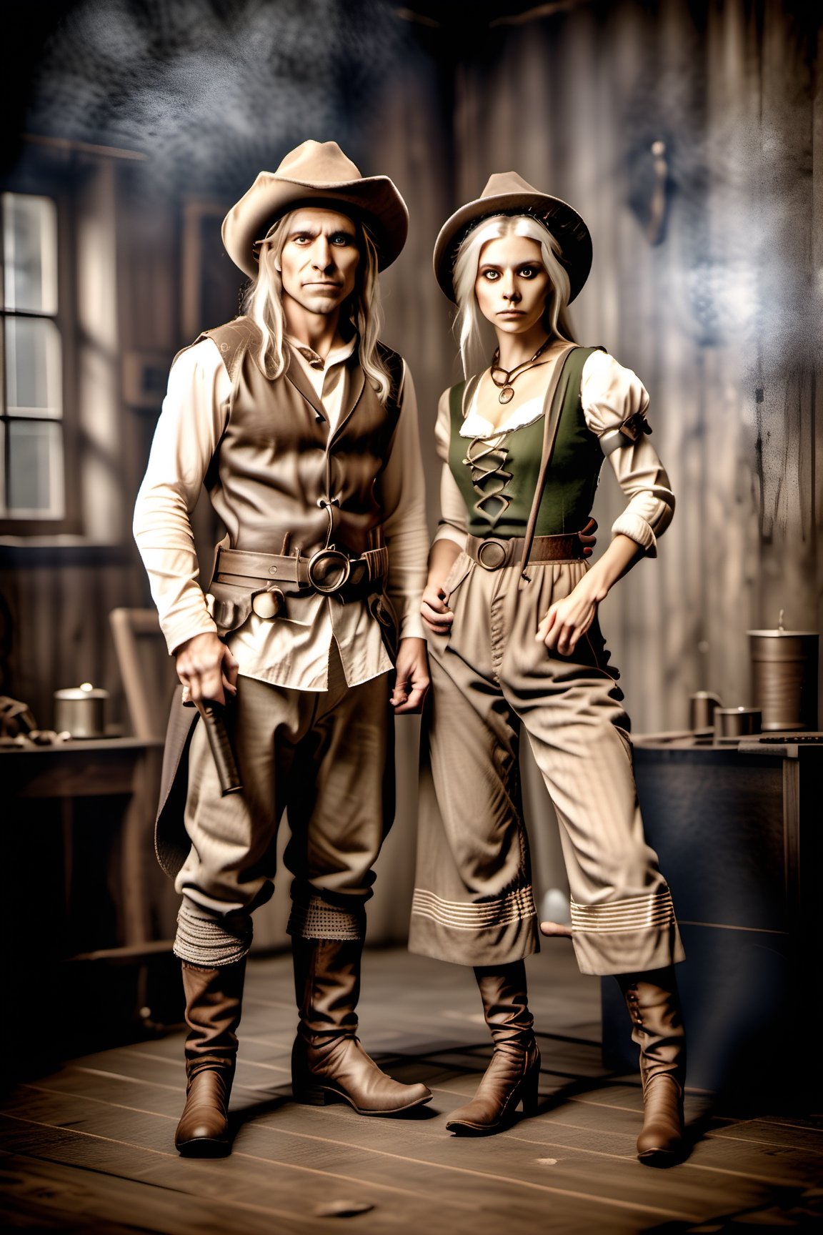 Extremely Realistic, portrait of an outlaw elf couple having their picture taken in an old photo studio, highly detailed,masterpiece,full body image