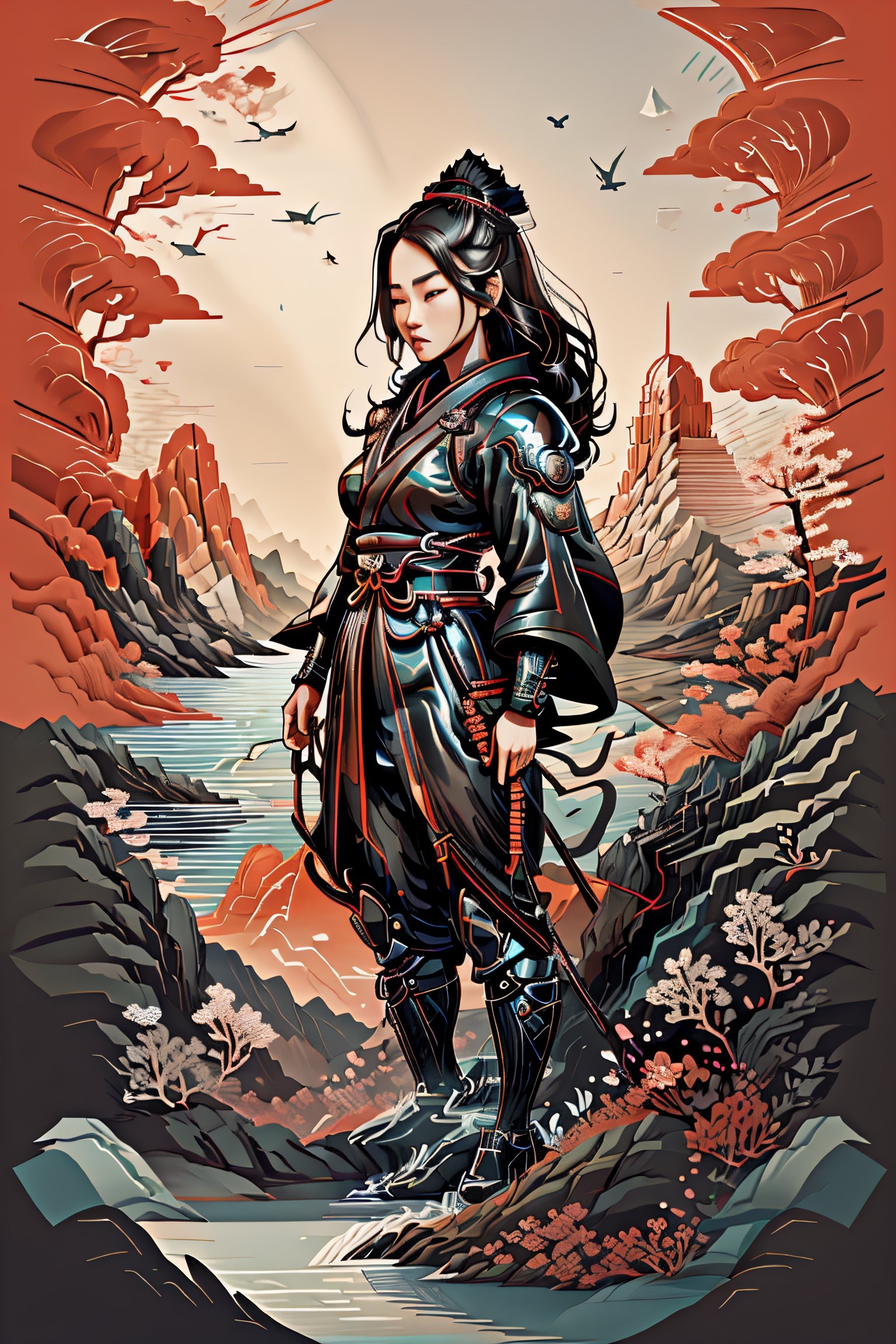 xyzsanart01,full body image,a female samurai standing proud on top of a hill overlooking a great river that flows between two dramatic landscapes,WaterAI