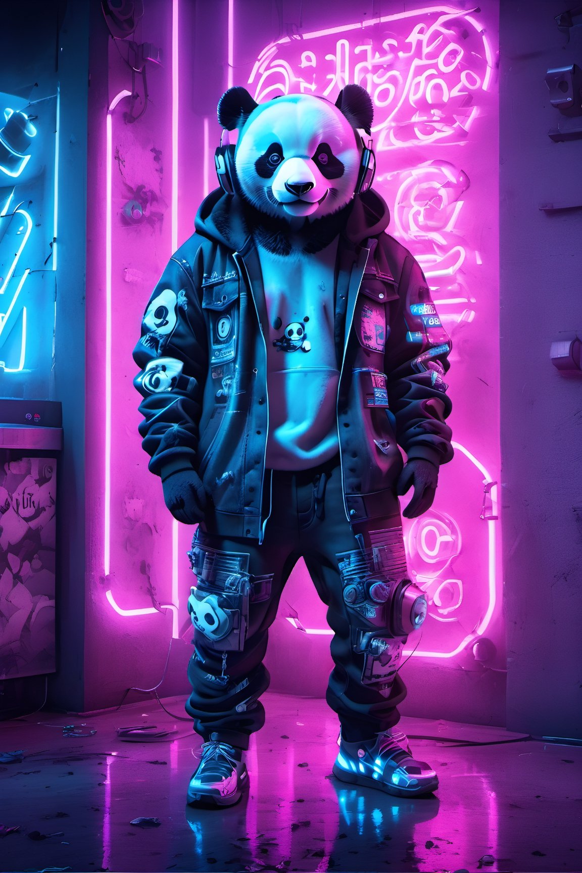 cyberpunk style,neon photography style, a very cool panda wearing a jeans jacket and headphones striking a pose, full body image, perfect detail, HDR, depth in field, awsome background, Hi-fi, cool street art