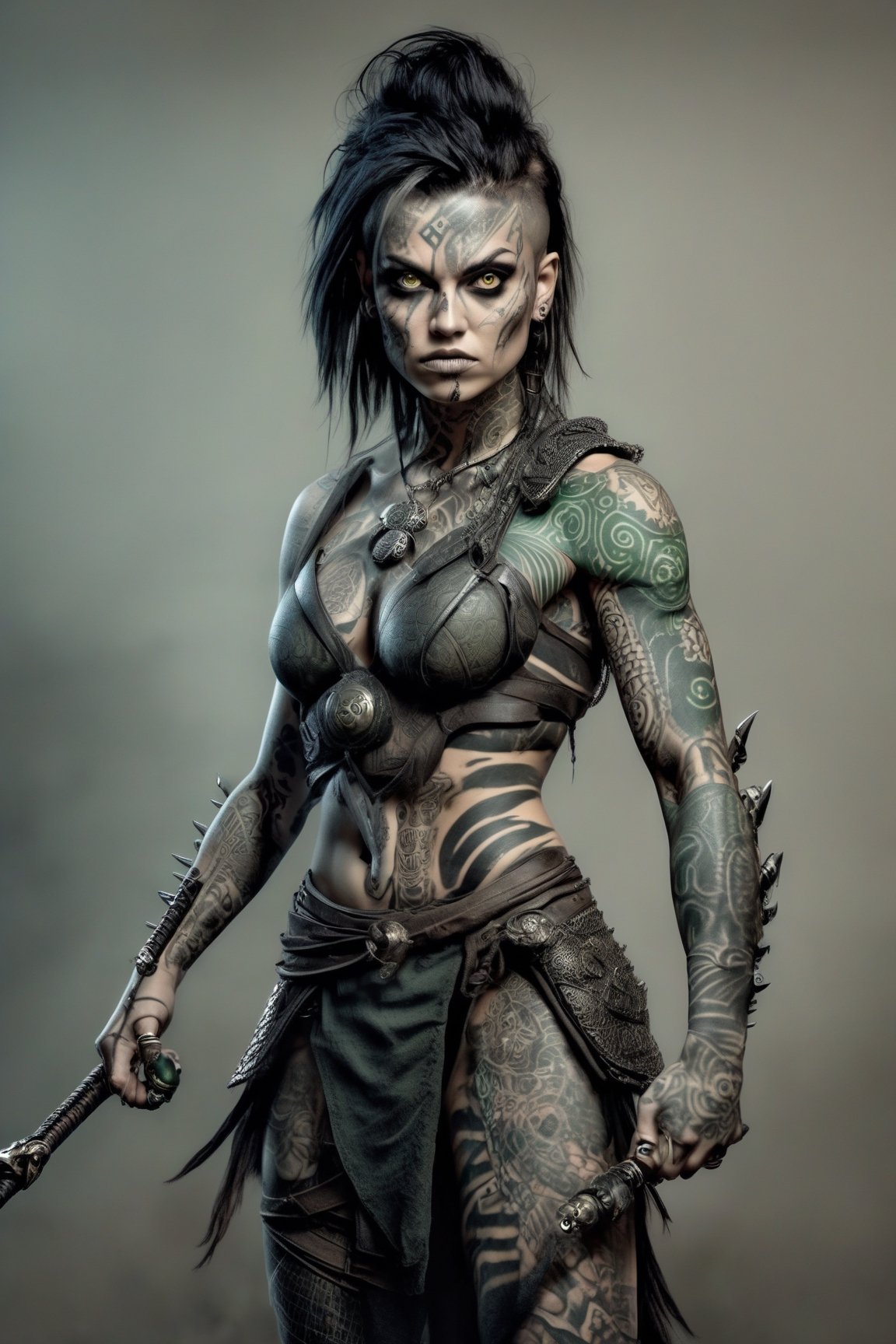 1beautiful female warrior with a very strange hair, reptile eyes and lots of tatoos, full body image, cinematic, atmospheric, beautiful, extremely detailed, masterpiece,comic book,Extremely Realistic