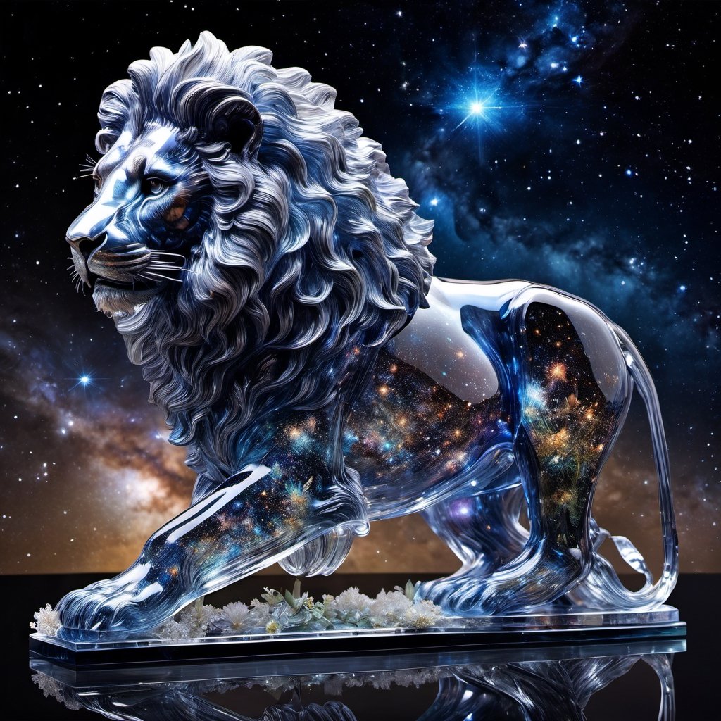 intricate transparent glass interstellar nebula male lion statue made of galaxies, flora and fauna, hyper realistic, ultra detailed, elegant, beautiful