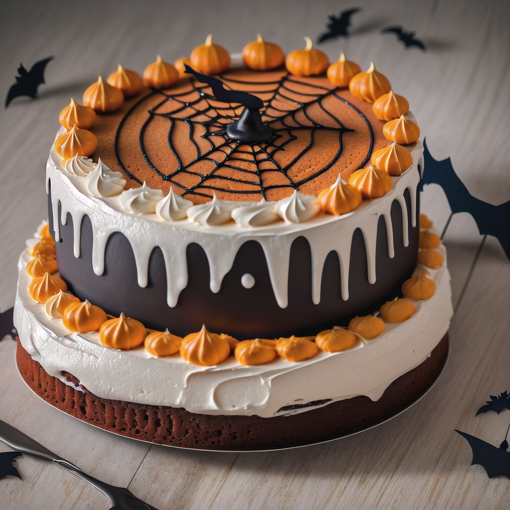  masterpiece, \(high, top, insane, extreme, perfect, Professional\)_\(quality, resolution, details, Image_sharpness\), intricate, high_\(quality_textures, resolution_textures\), absurdres, sharp details, award_winning, realistic, 8k, halloween cake, ,foodstyle