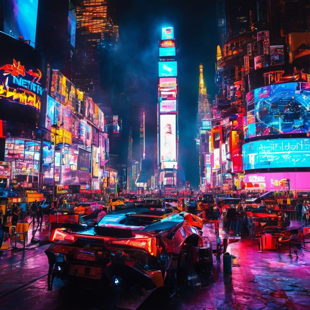 cyber, cyberpunk, Time square neon light, night time, buildings, high_resolution, high detailed, realistic, ultra realistic, real photography, traffic, vehicle, 