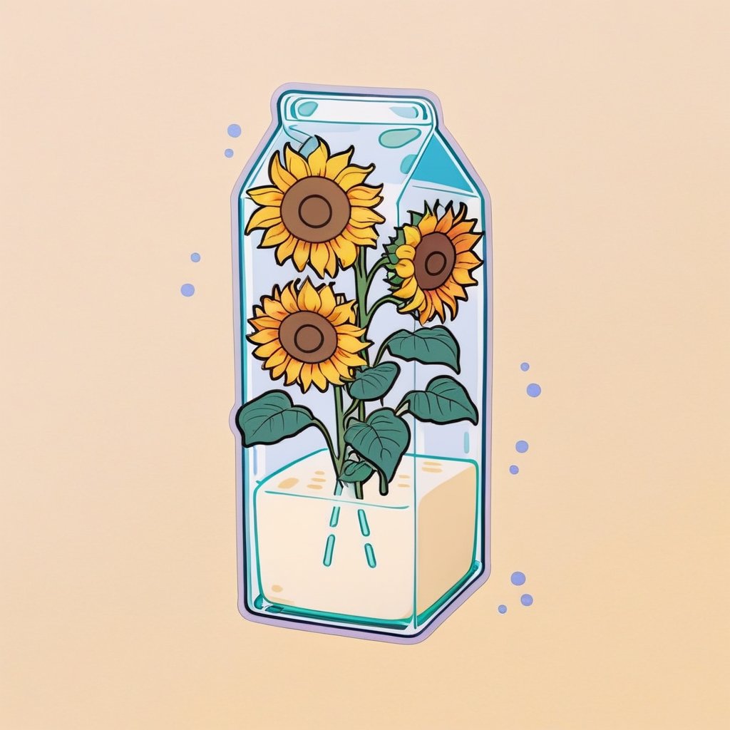 a round glass milk carton filled with sunflower, pastel colors, simple background, cutestickers, (sticker:1.4), art, (big fat stroke:1.2), cute comic, minimalistic, ohwx style
