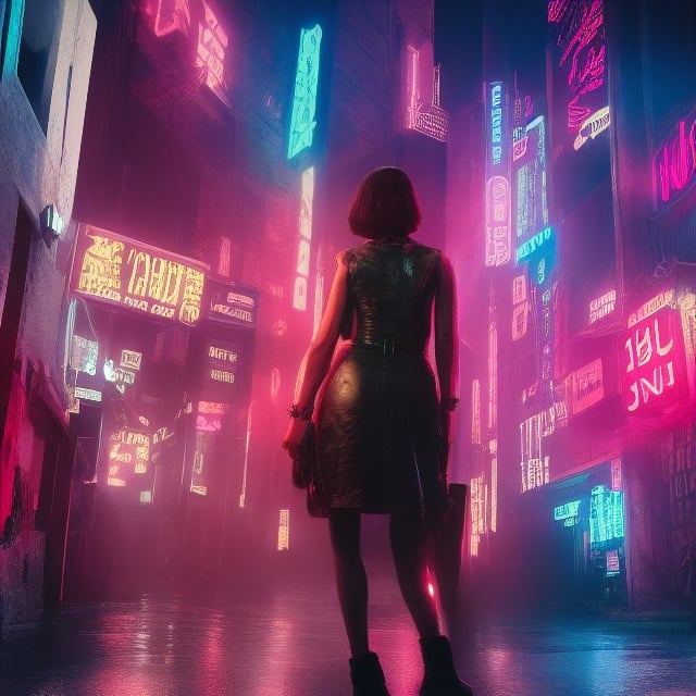 A young girl, neon pink sign on a building in a dark alley from  Blade Runner 1982,  apocalyptic, studio lighting, award winning photography, wide angle photo, high definition, realistic, epic, cinematic 3D rendering, insanely detailed, hyper-realistic, super detailed, realistic octane render, 8k