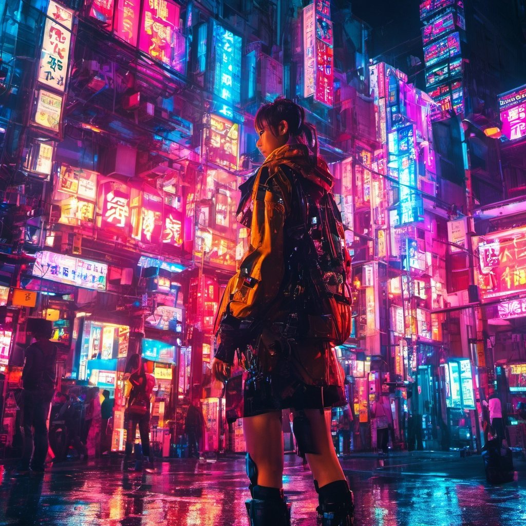 Young woman, standing on building, cyber, cyberpunk style, Tokyo city, neon light, night, buildings, high_resolution, high detailed, realistic, ultra realistic, 
