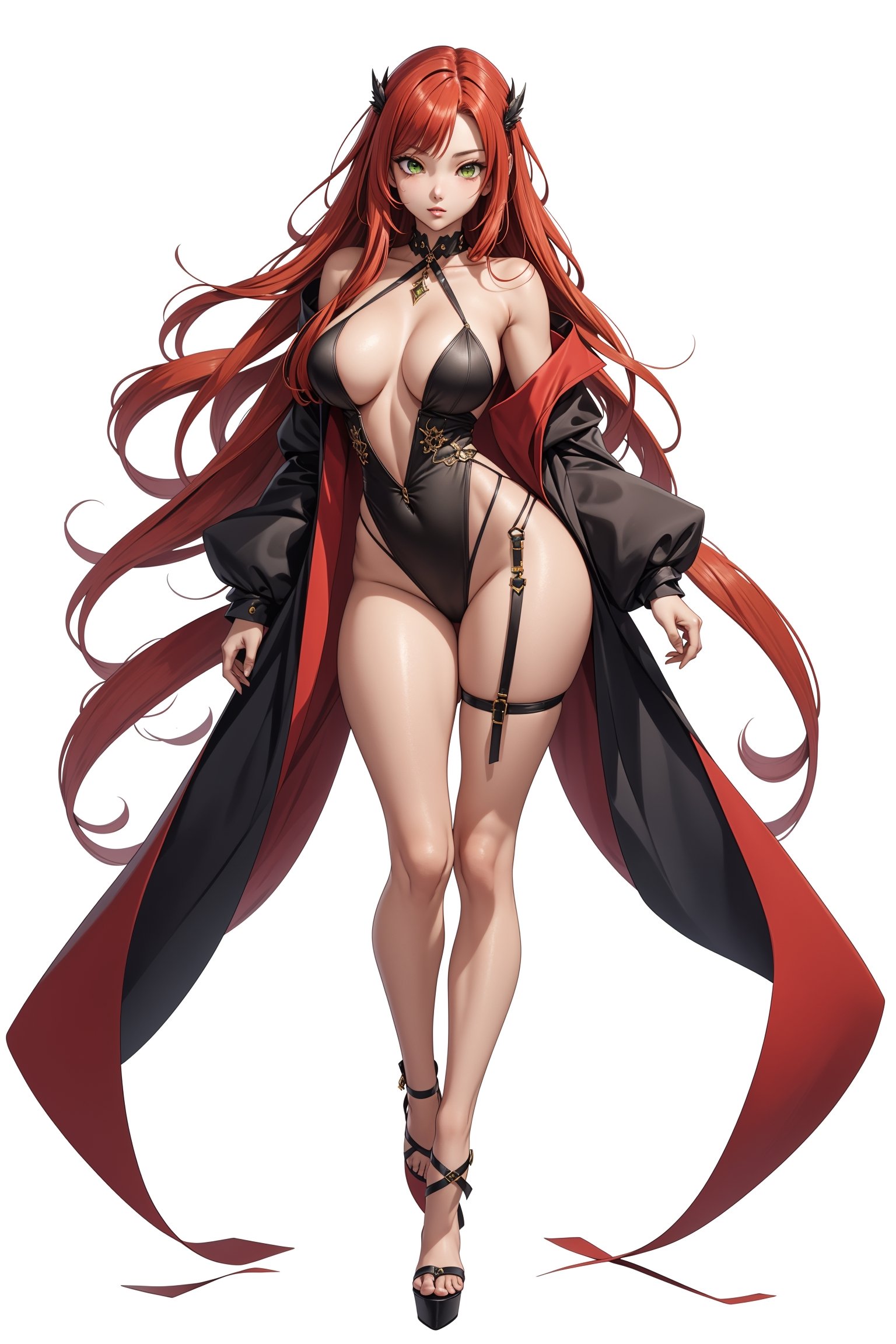 [full body] waifu, Stunningly Beautiful anime woman,  long and flowing red hair, green eyes, tall, long legs, large chest, white background, no shadow, [full body]