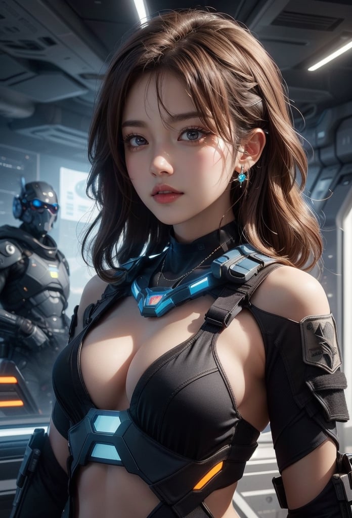 masterpiece, photorealistic, (((slim body))), detail sparkling brown eyes, necklace, silver watch, 1 girl, bright colors, wavy brown hair, high contrast, background futuristic large spaceship, (((half body))), happy friendly calm expression, operating machine, crop top, off shoulder, (((futuristic black tactical suit special operation agent))), high tech futuristic weapon, Holding an assault rifle ,more detail 